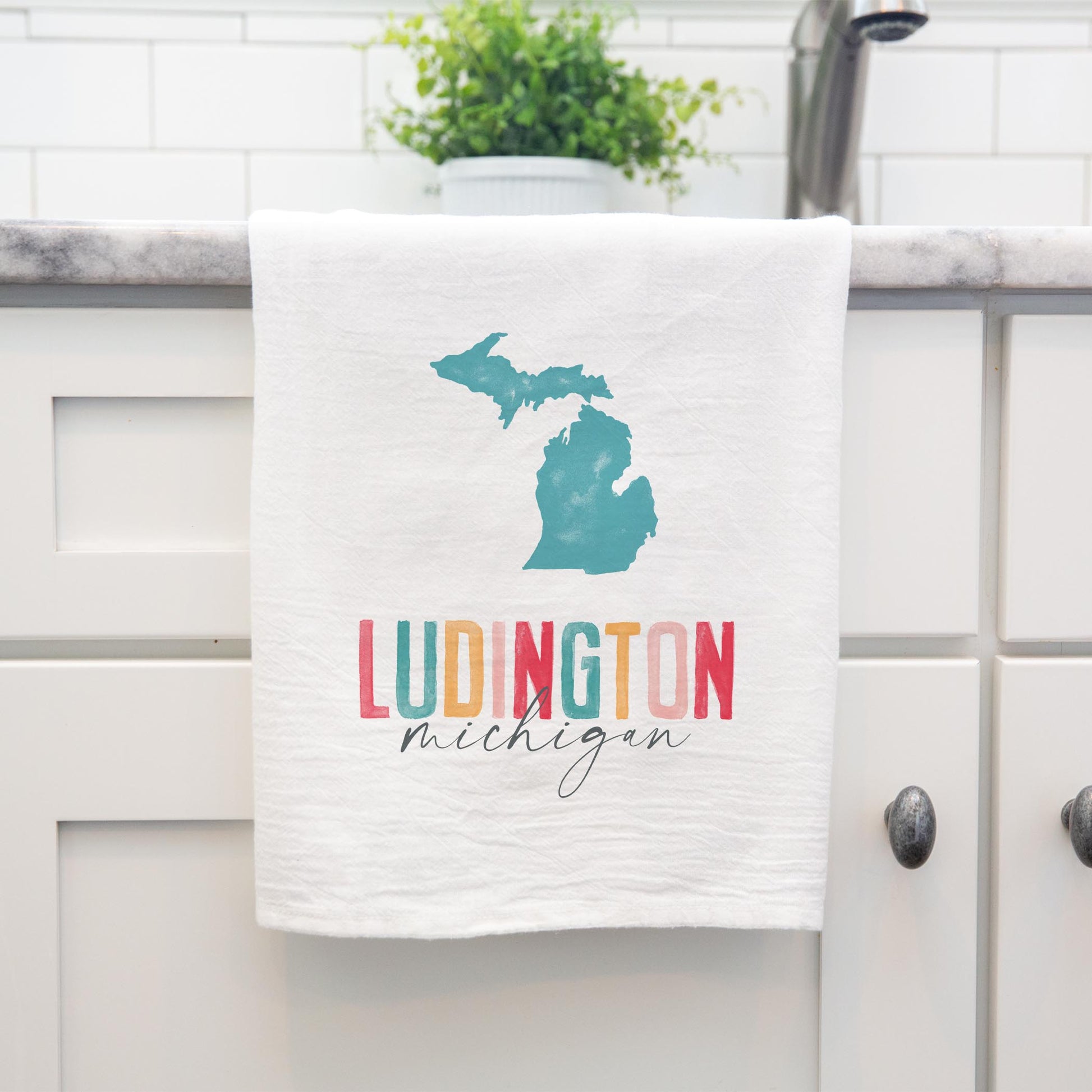 Cotton Tea Towel White-Watercolor City Ludington Michigan -3