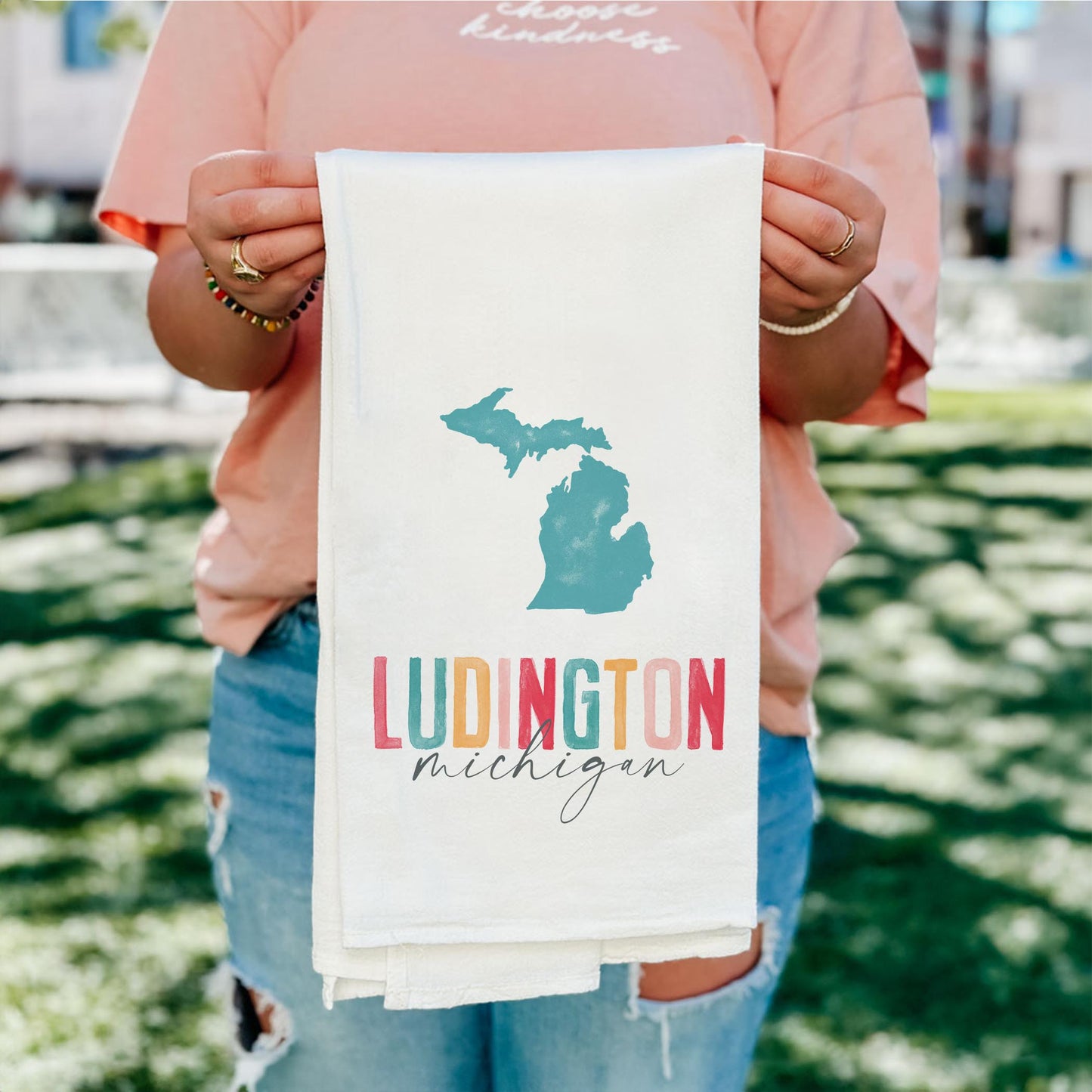 Cotton Tea Towel White-Watercolor City Ludington Michigan -4