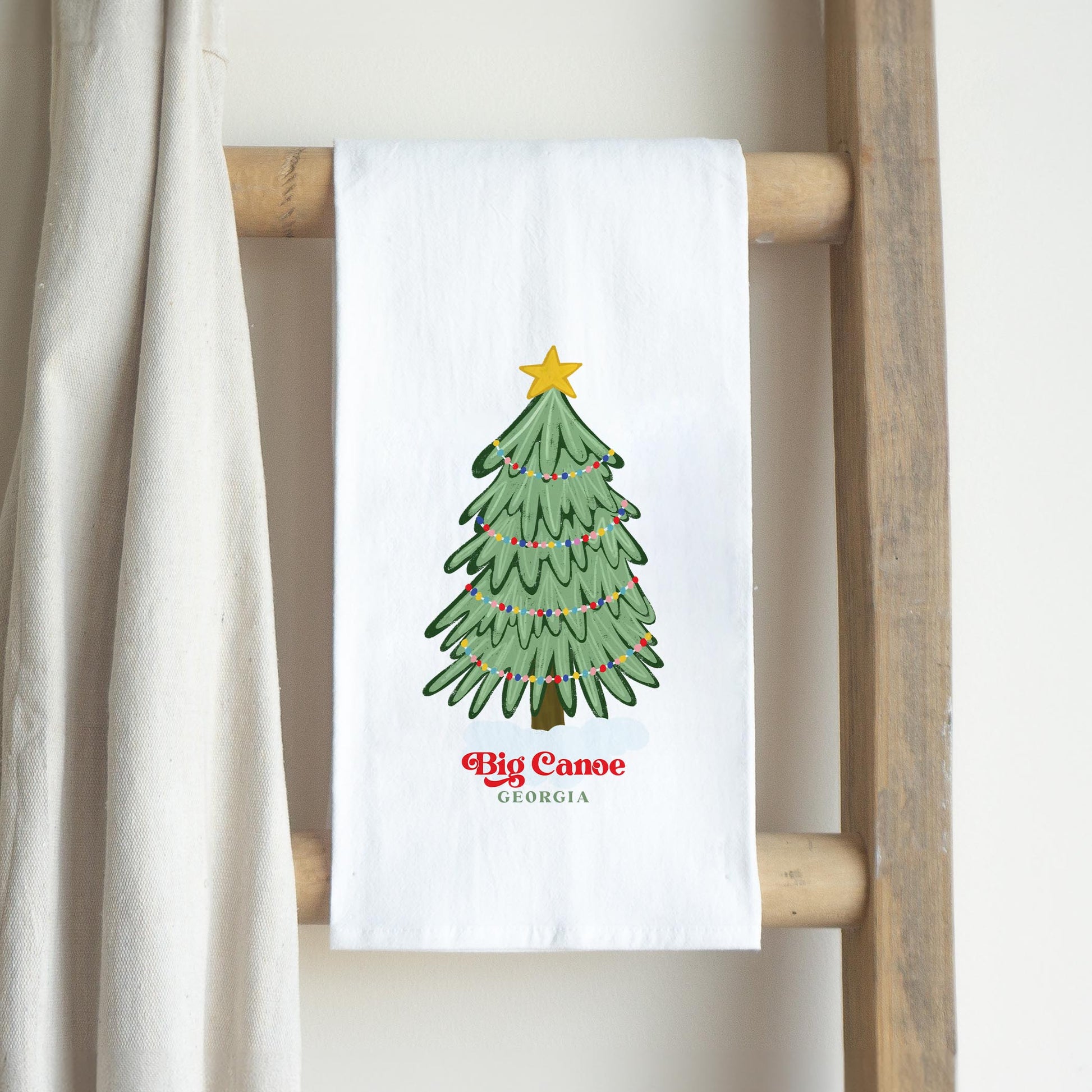 Cotton Tea Towel White-Christmas Gumdrop Tree Big Canoe Georgia -0