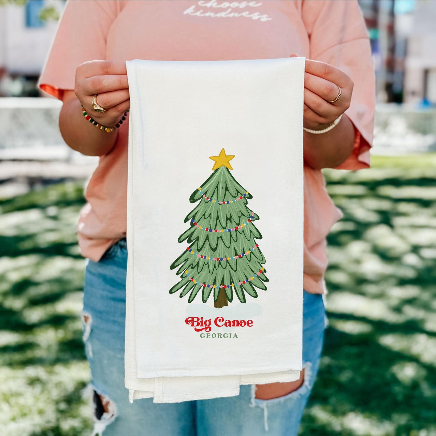 Cotton Tea Towel White-Christmas Gumdrop Tree Big Canoe Georgia -1
