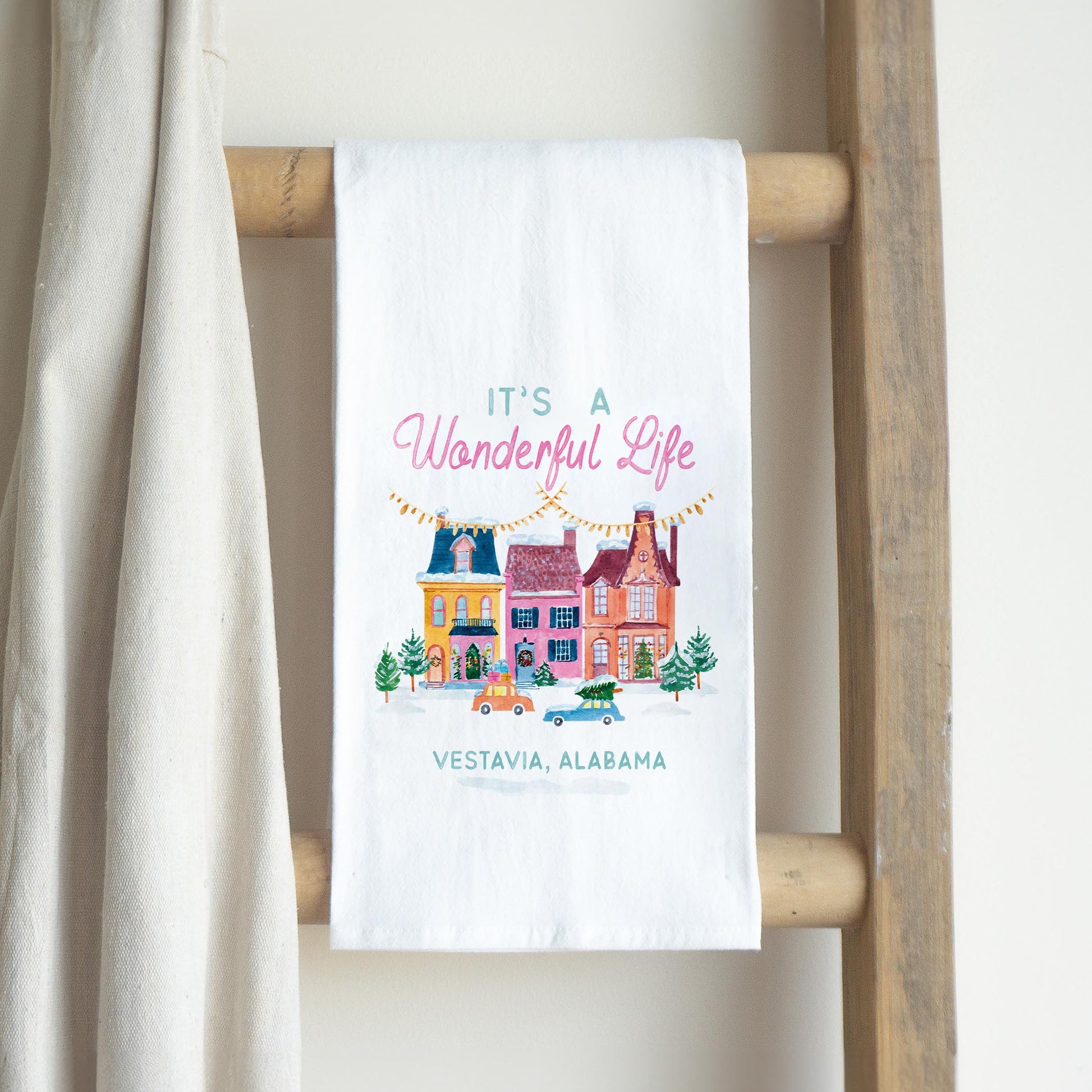 Cotton Tea Towel White-It's A Wonderful Life Vestavia Alabama -2