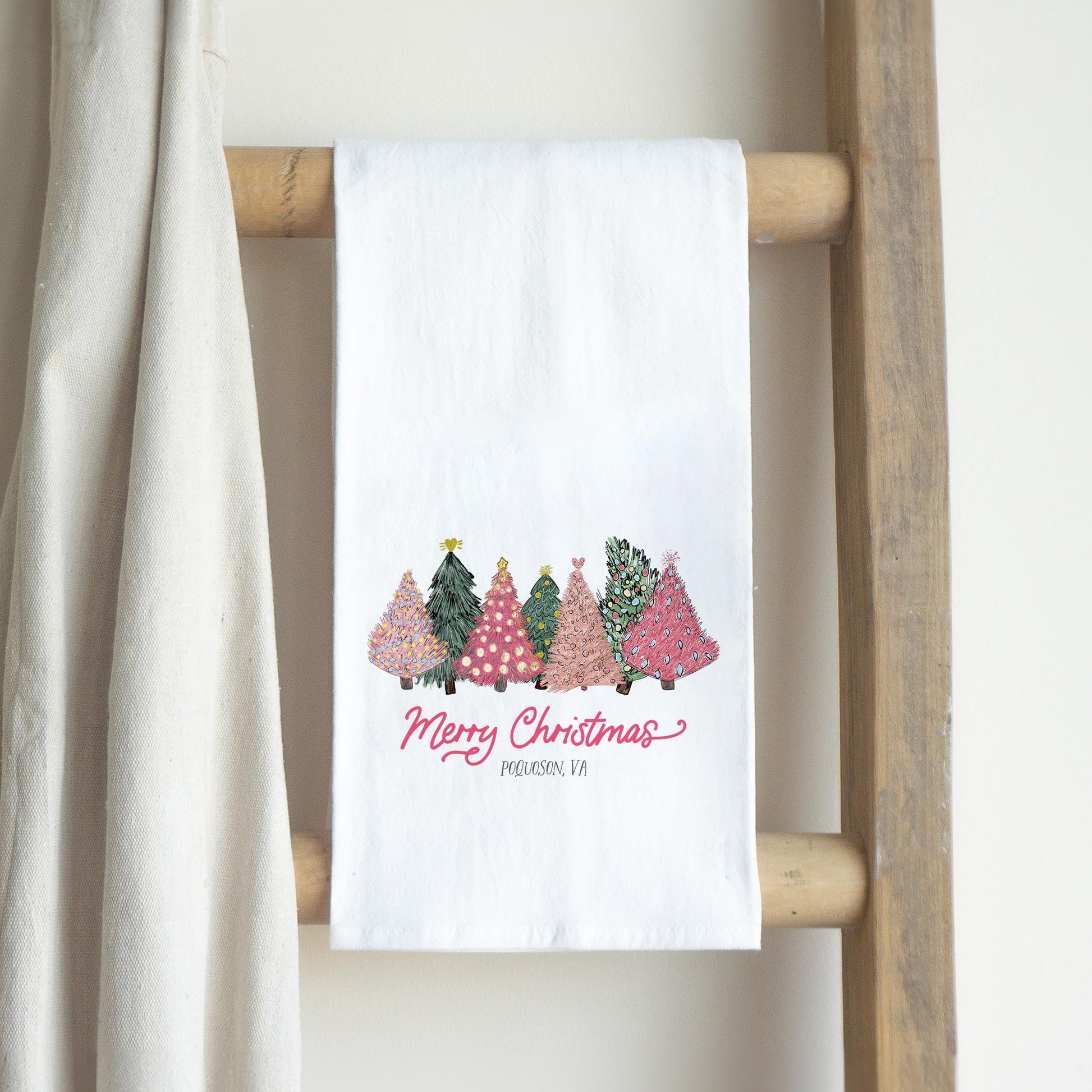 Cotton Tea Towel White-Pink Trees Poquoson Virginia -2