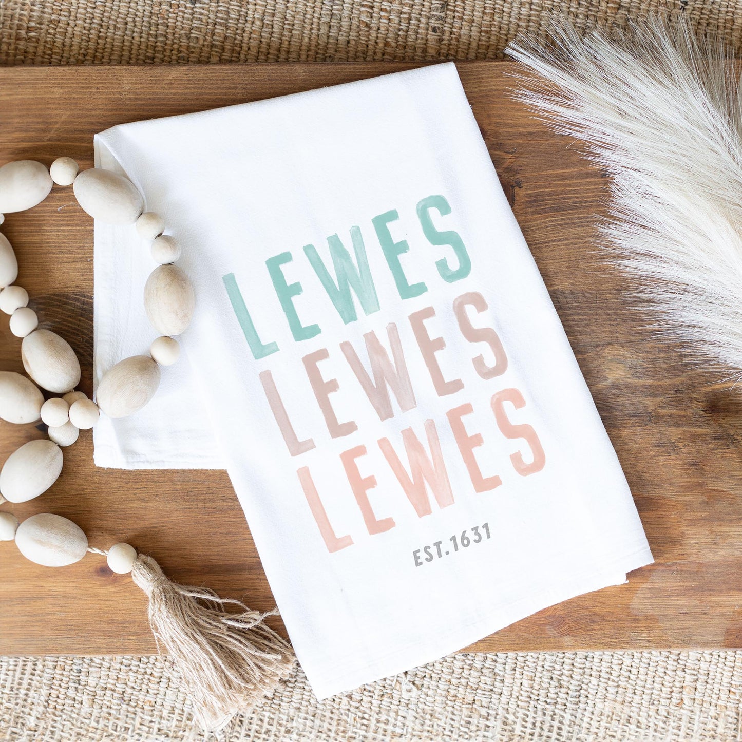 Cotton Tea Towel White-Watercolor Coastal Wave Lewes est. 1631 -1