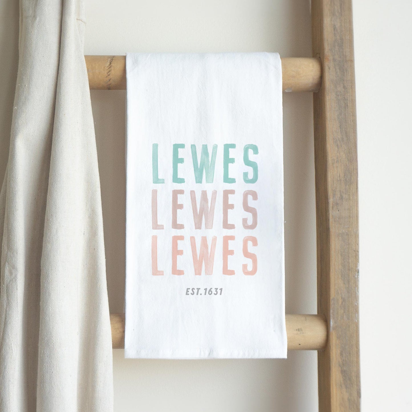 Cotton Tea Towel White-Watercolor Coastal Wave Lewes est. 1631 -2