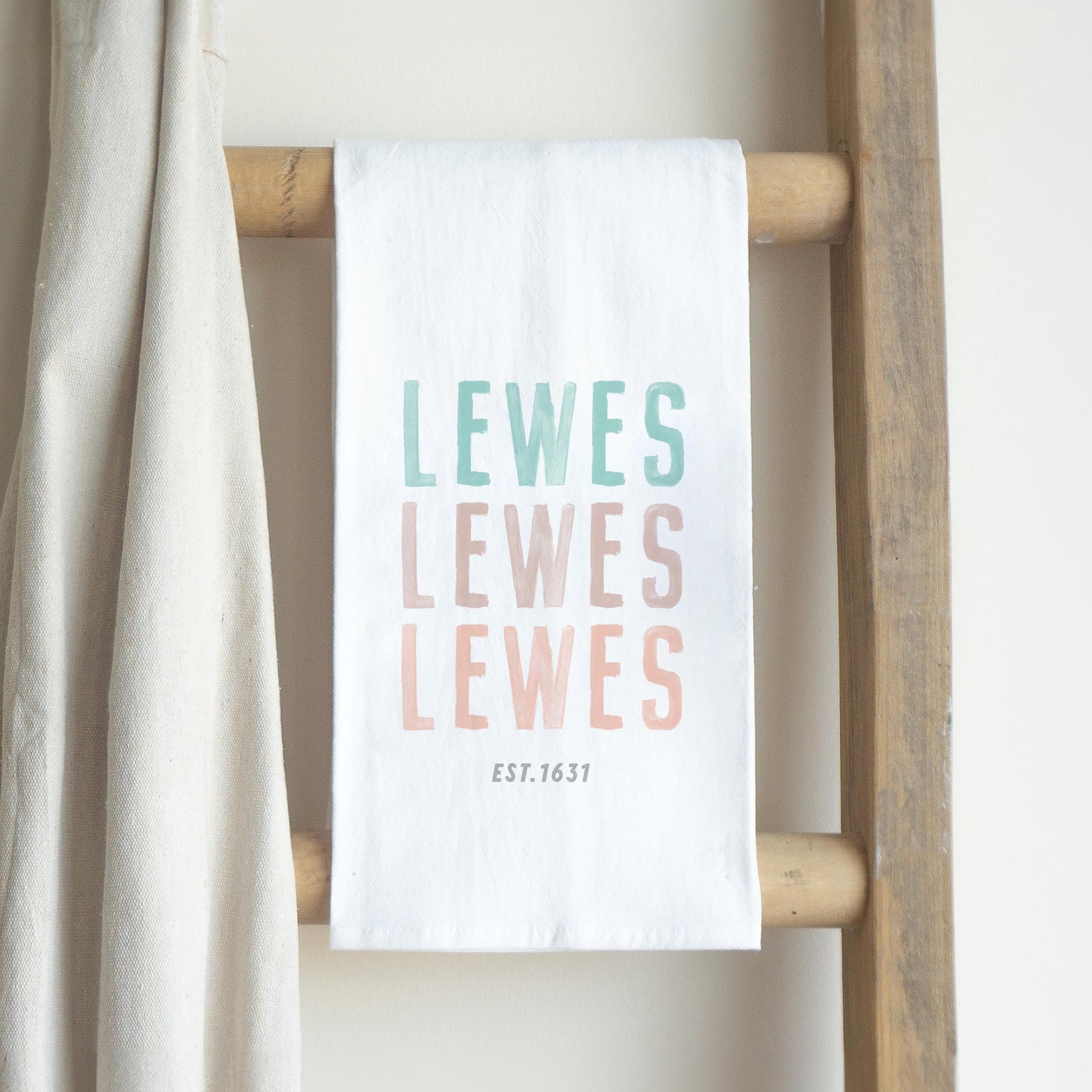 Cotton Tea Towel White-Watercolor Coastal Wave Lewes est. 1631 -2