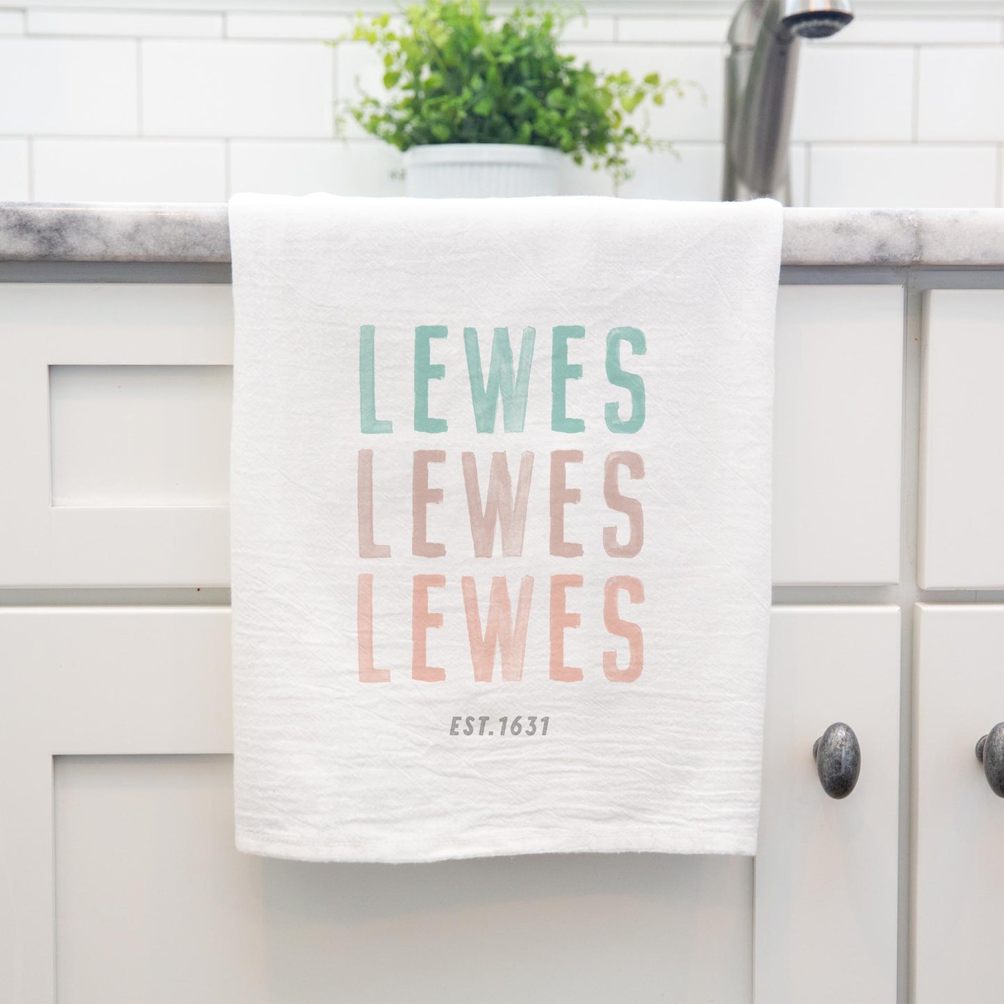 Cotton Tea Towel White-Watercolor Coastal Wave Lewes est. 1631 -3