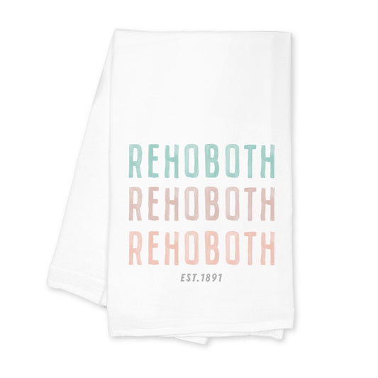 Cotton Tea Towel White-Watercolor Coastal Wave Rehoboth est. 1891 -0