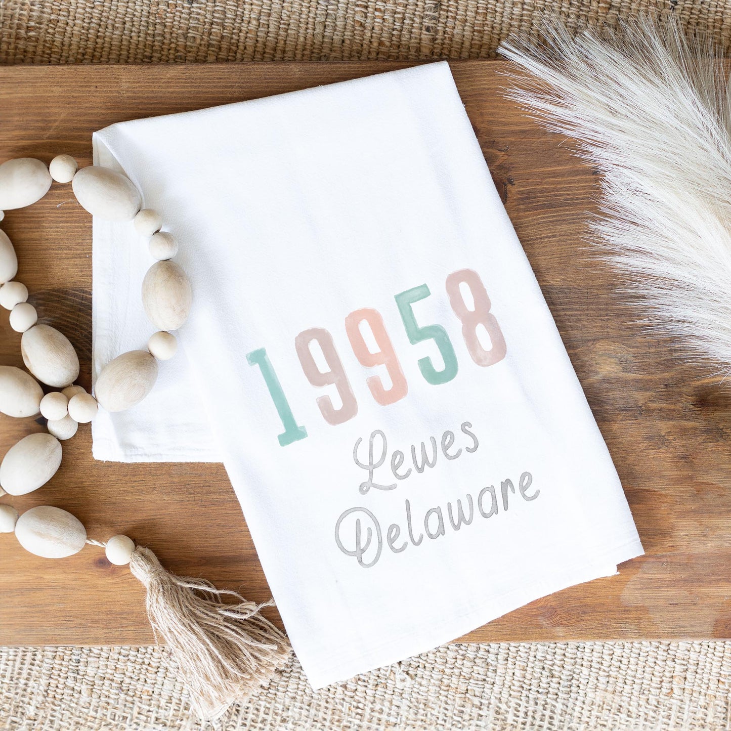 Cotton Tea Towel White-Watercolor Coastal Wave Zip Lewes Delaware -1