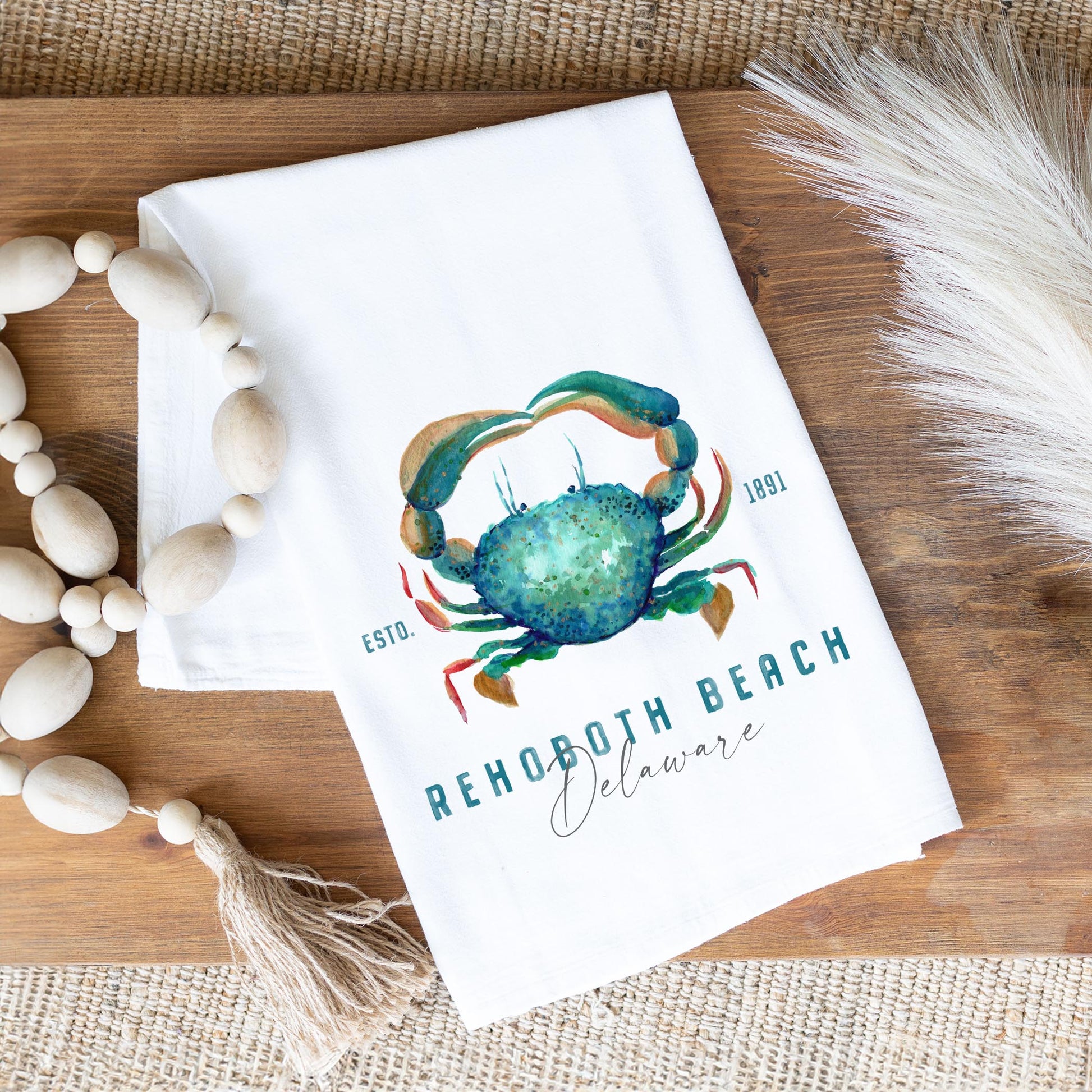 Cotton Tea Towel White-Blue Crab Rehoboth Beach Delaware -1