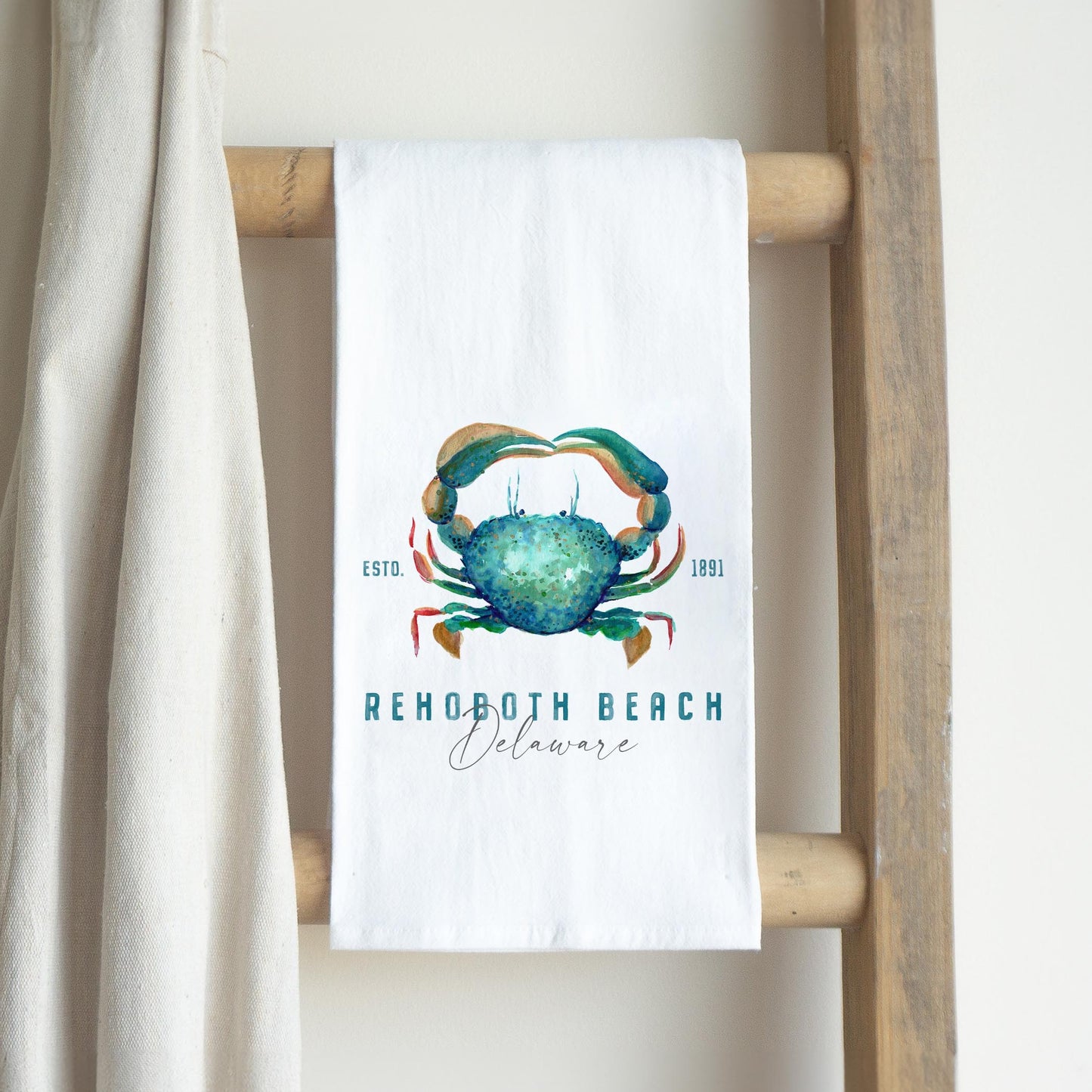 Cotton Tea Towel White-Blue Crab Rehoboth Beach Delaware -2