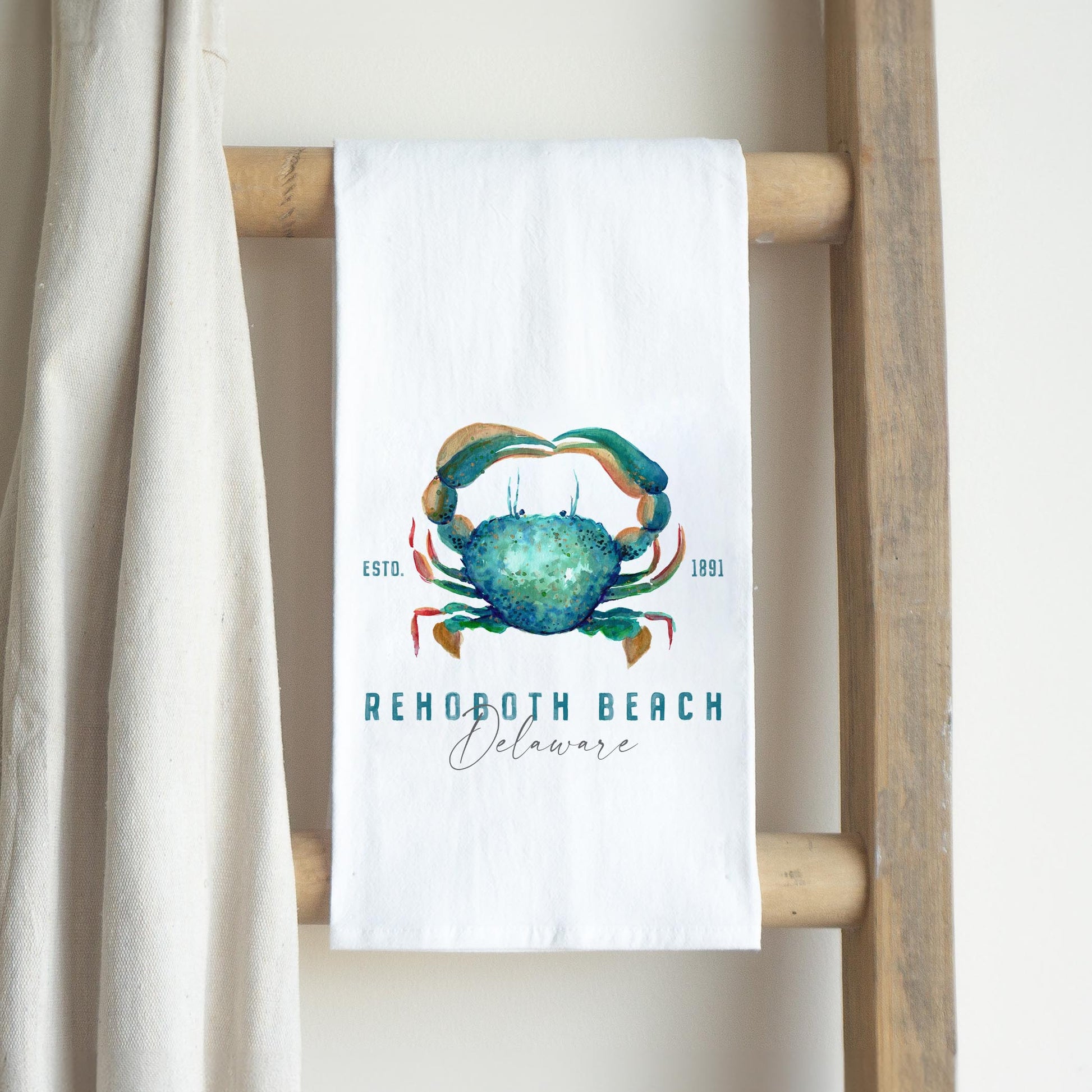 Cotton Tea Towel White-Blue Crab Rehoboth Beach Delaware -2