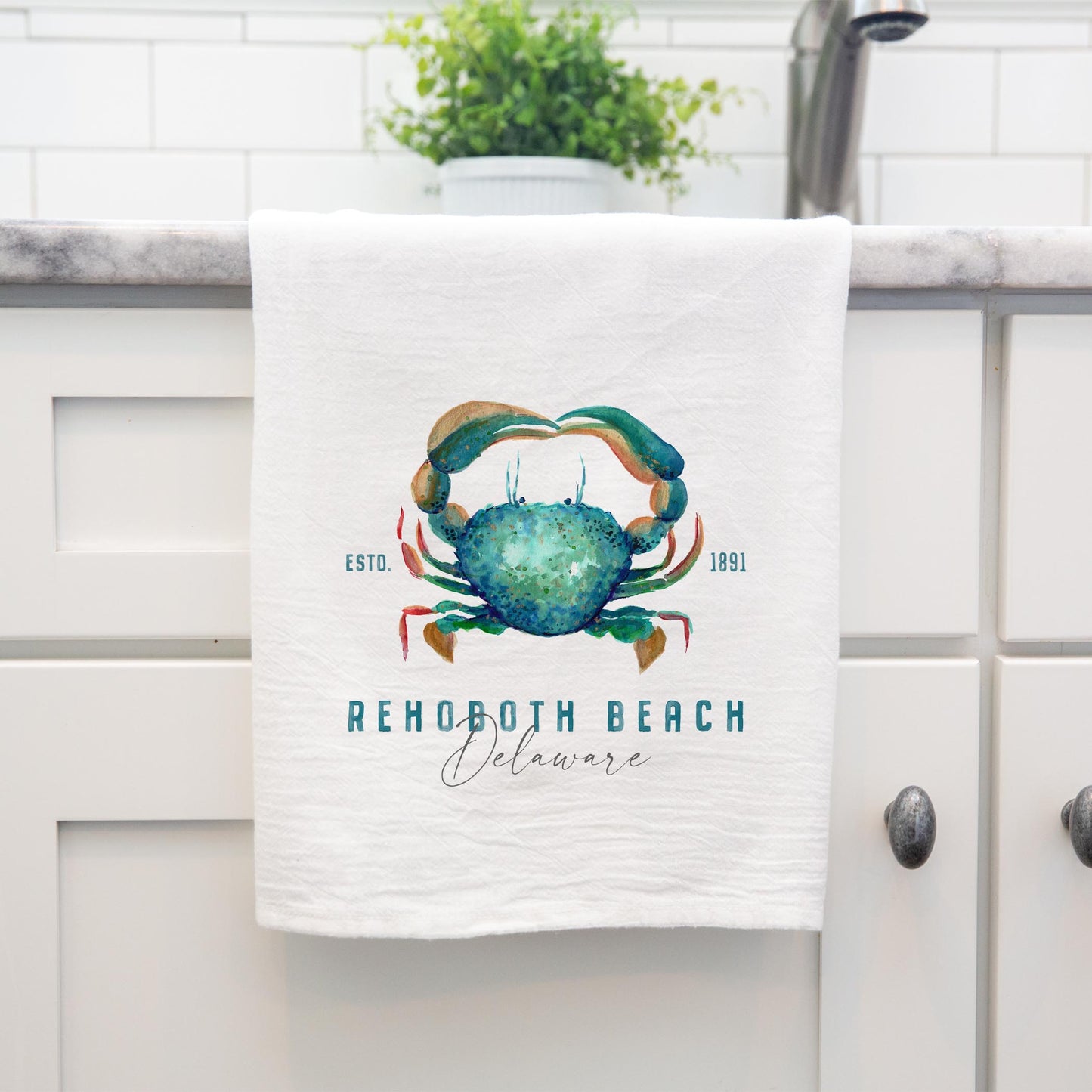 Cotton Tea Towel White-Blue Crab Rehoboth Beach Delaware -3