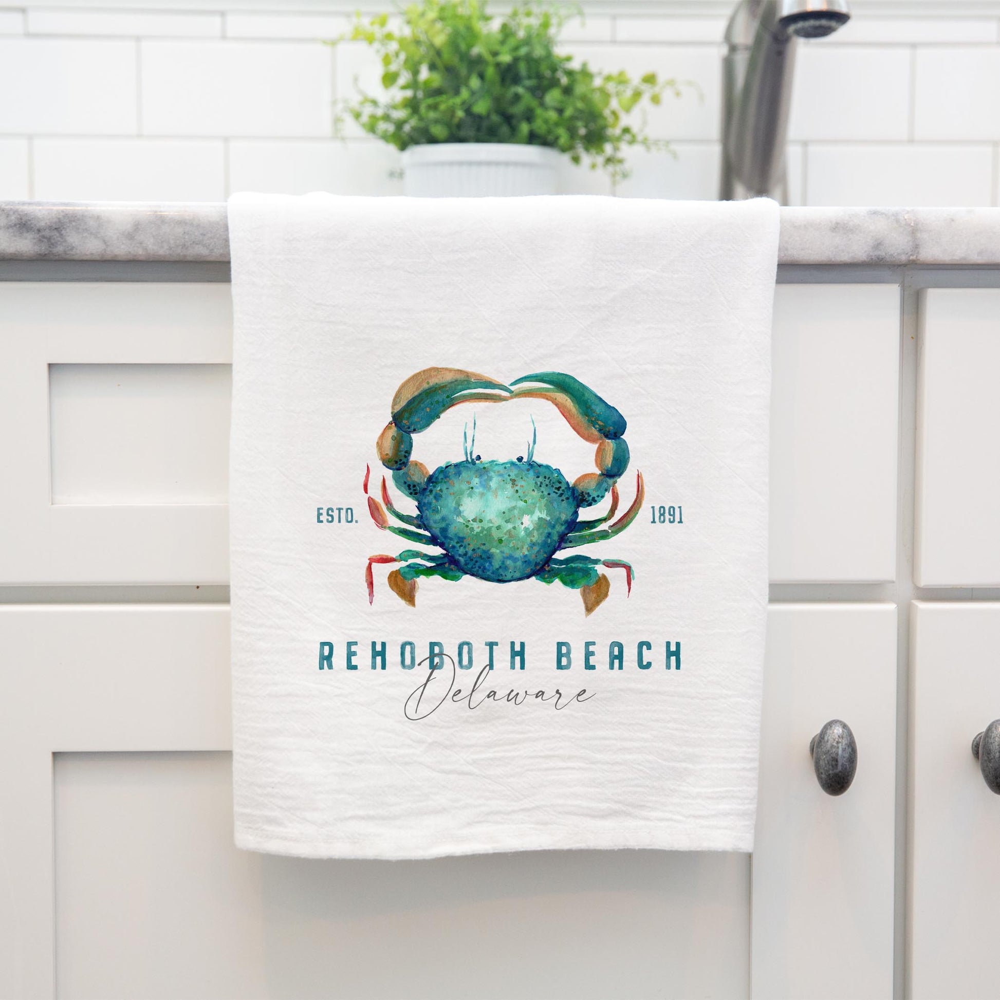 Cotton Tea Towel White-Blue Crab Rehoboth Beach Delaware -3
