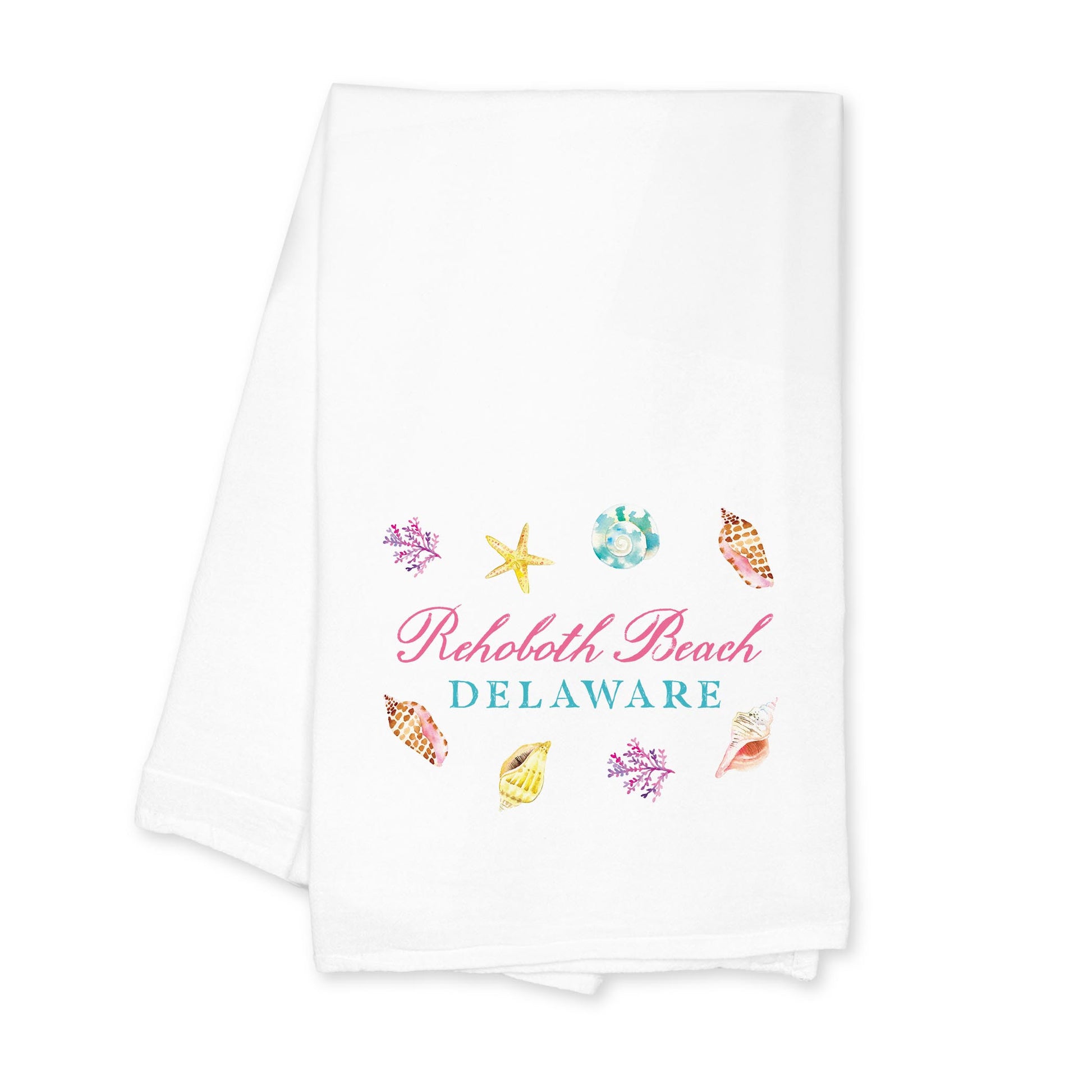 Cotton Tea Towel White-Shells & Shoreline Rehoboth Beach Delaware -0