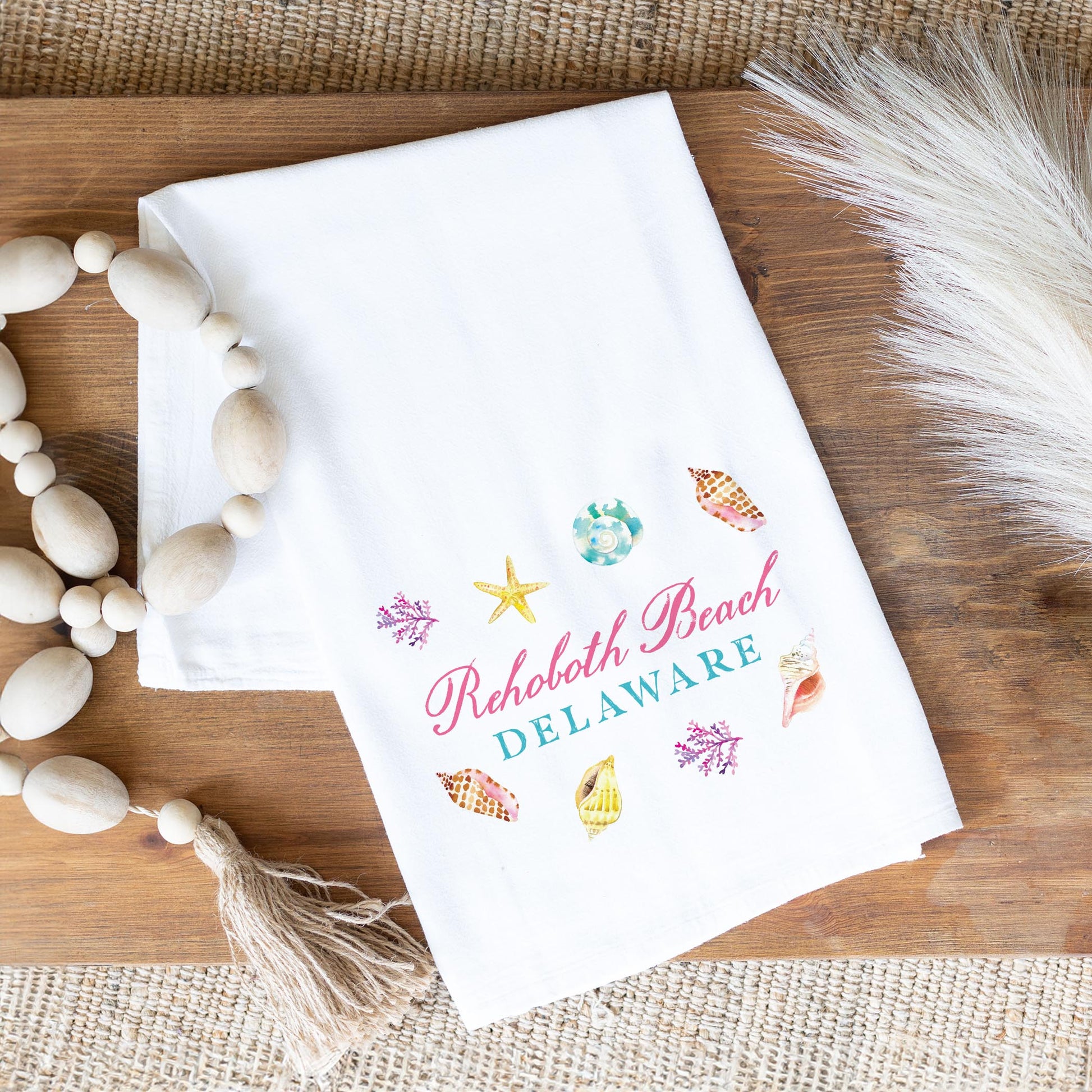 Cotton Tea Towel White-Shells & Shoreline Rehoboth Beach Delaware -1