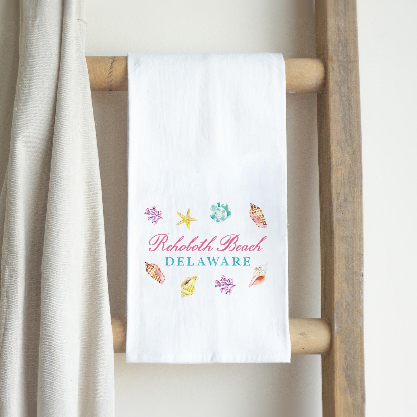 Cotton Tea Towel White-Shells & Shoreline Rehoboth Beach Delaware -2