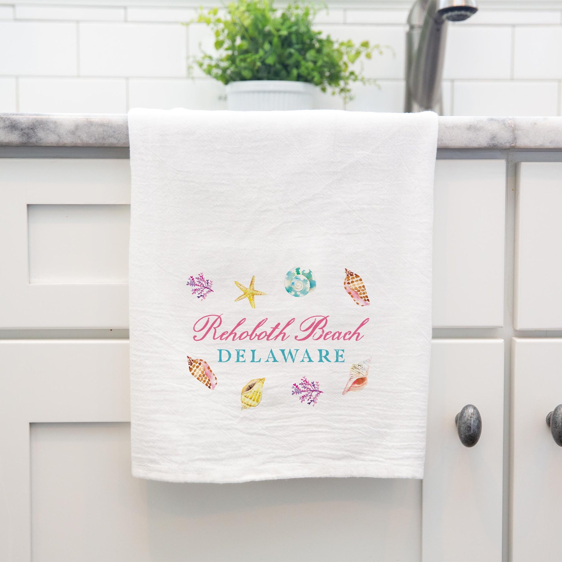 Cotton Tea Towel White-Shells & Shoreline Rehoboth Beach Delaware -3