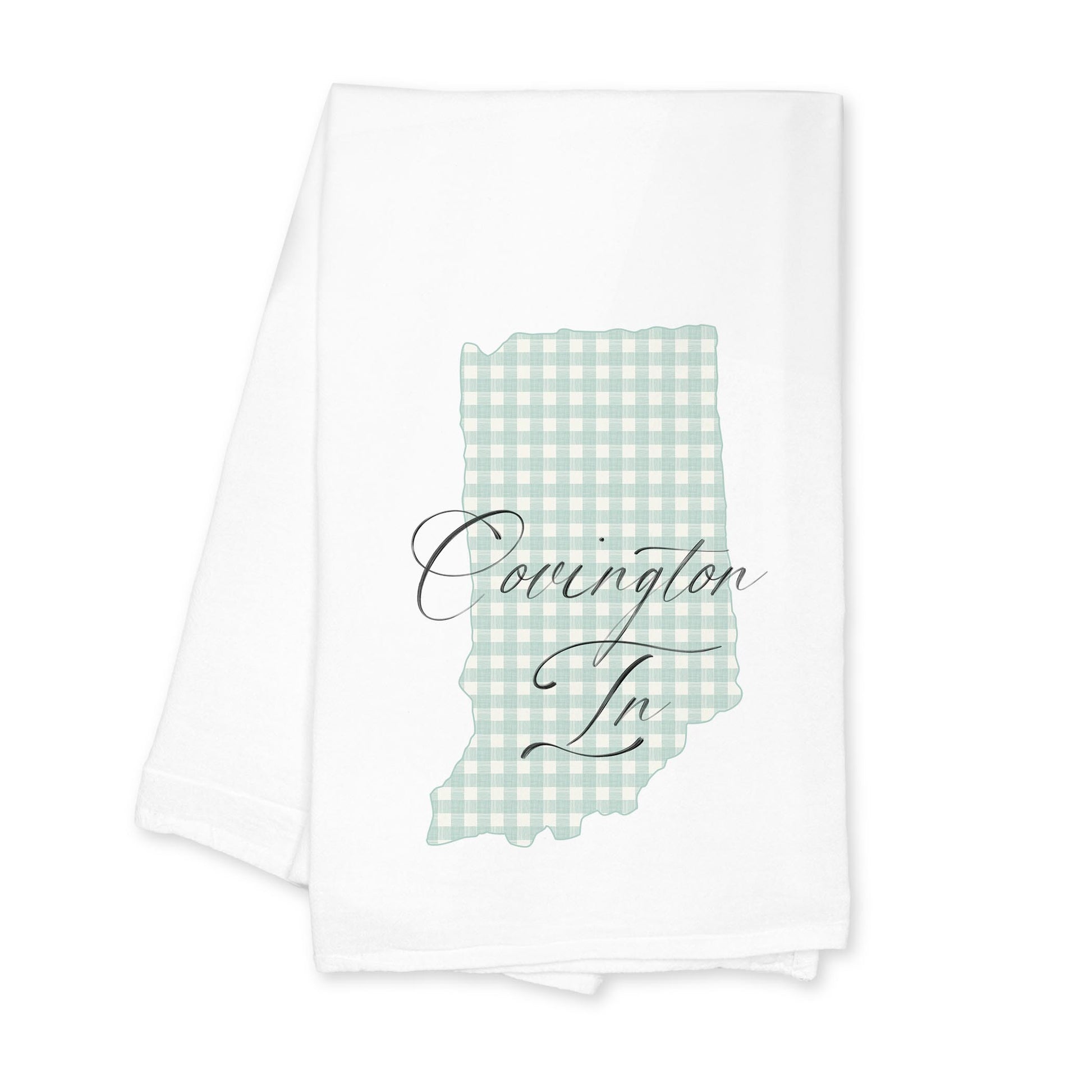 Cotton Tea Towel White-Mint Checker State Covington Indiana -0