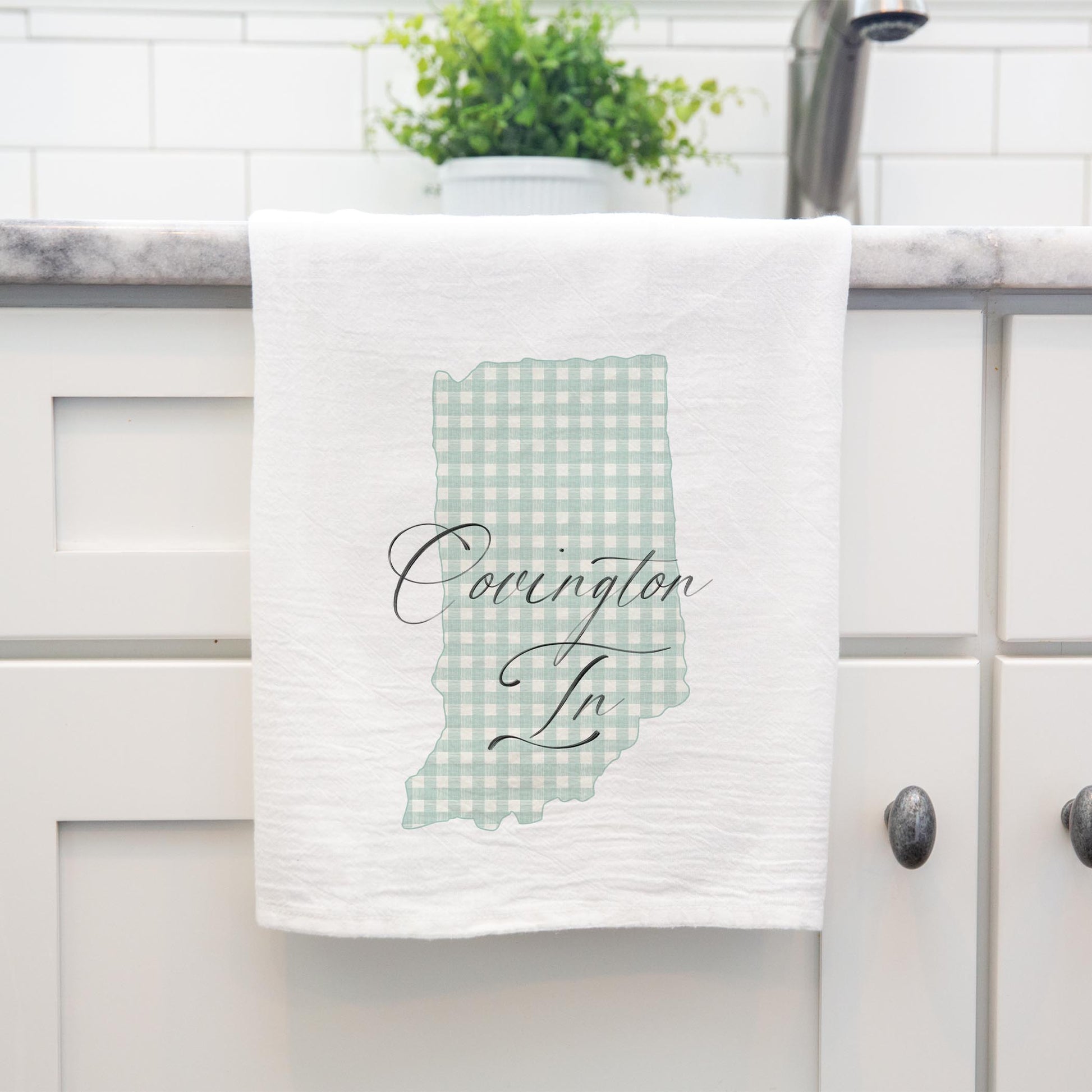 Cotton Tea Towel White-Mint Checker State Covington Indiana -3
