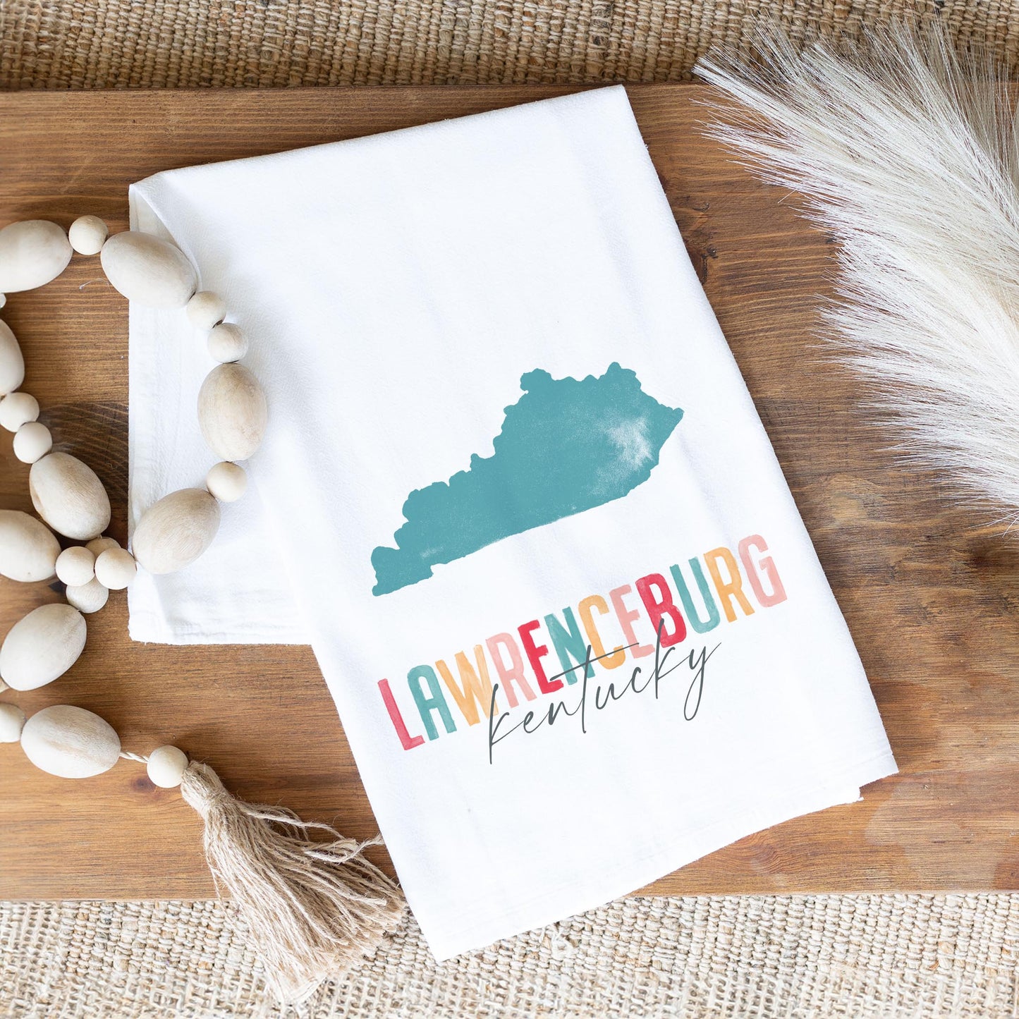 Cotton Tea Towel White-Watercolor City Lawrenceburg Kentucky -1