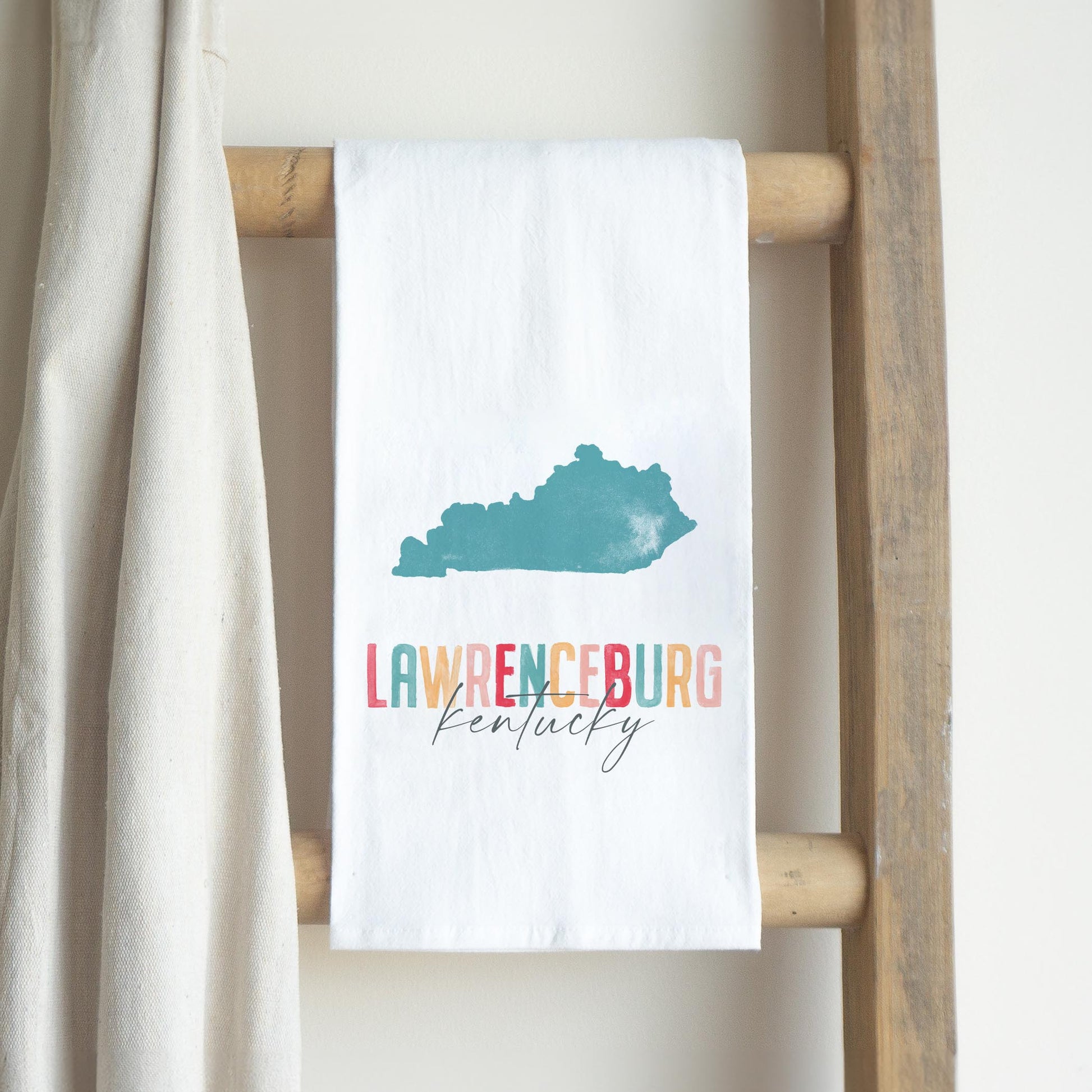 Cotton Tea Towel White-Watercolor City Lawrenceburg Kentucky -2