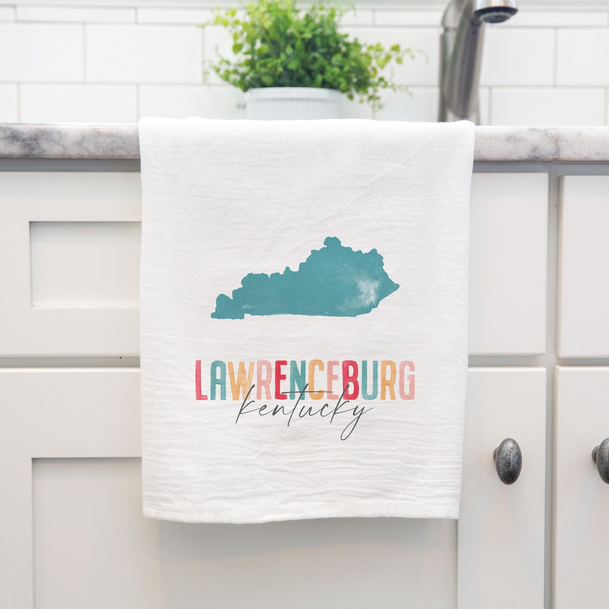 Cotton Tea Towel White-Watercolor City Lawrenceburg Kentucky -3