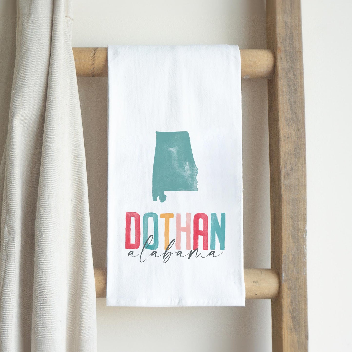 Cotton Tea Towel White-Watercolor City Dothan Alabama