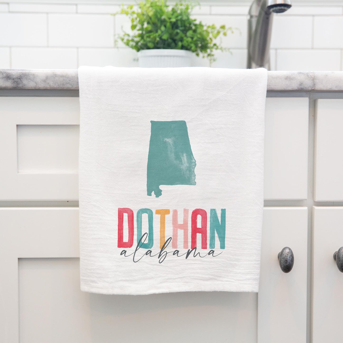 Cotton Tea Towel White-Watercolor City Dothan Alabama