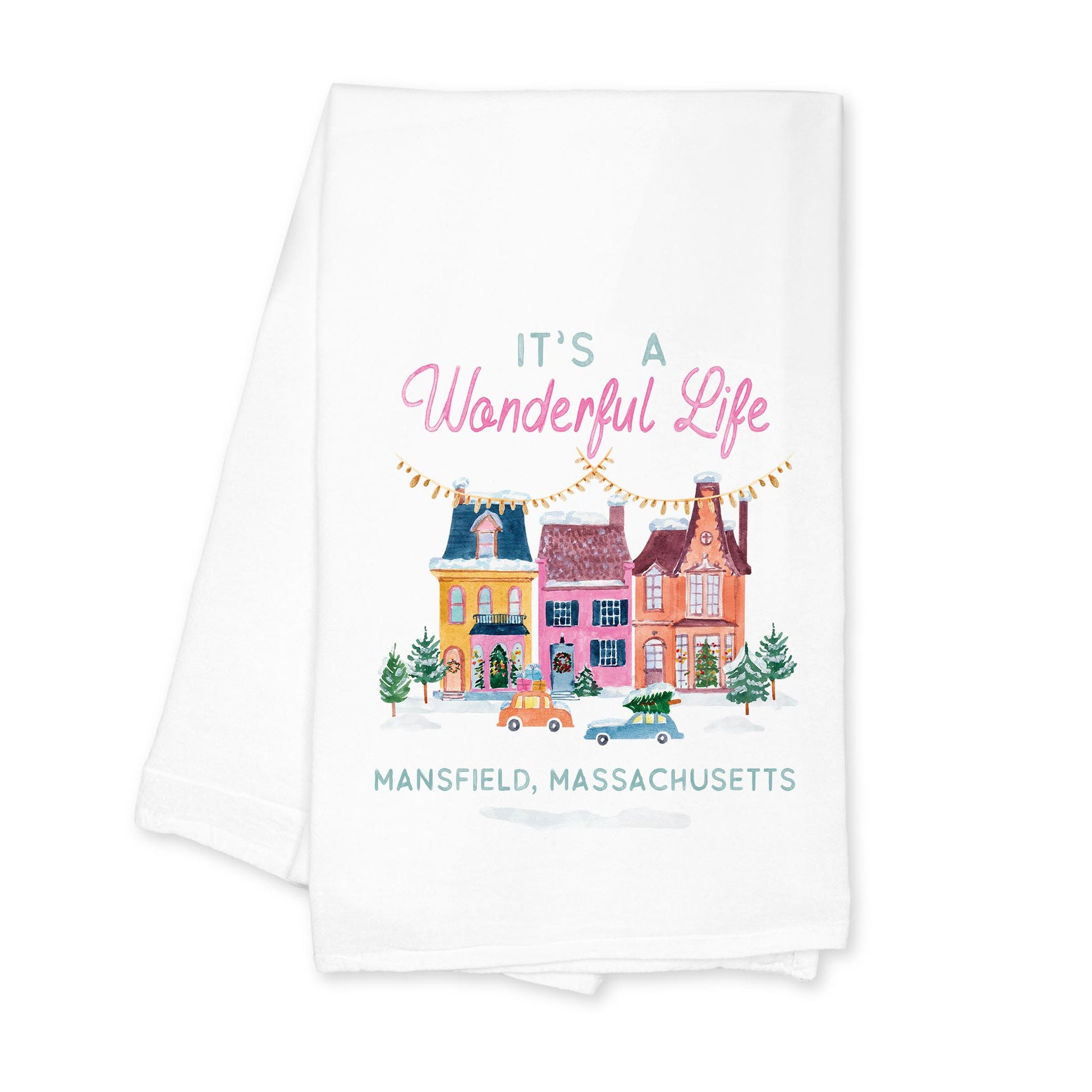 Cotton Tea Towel White-It's A Wonderful Life Mansfield Massachusetts -0