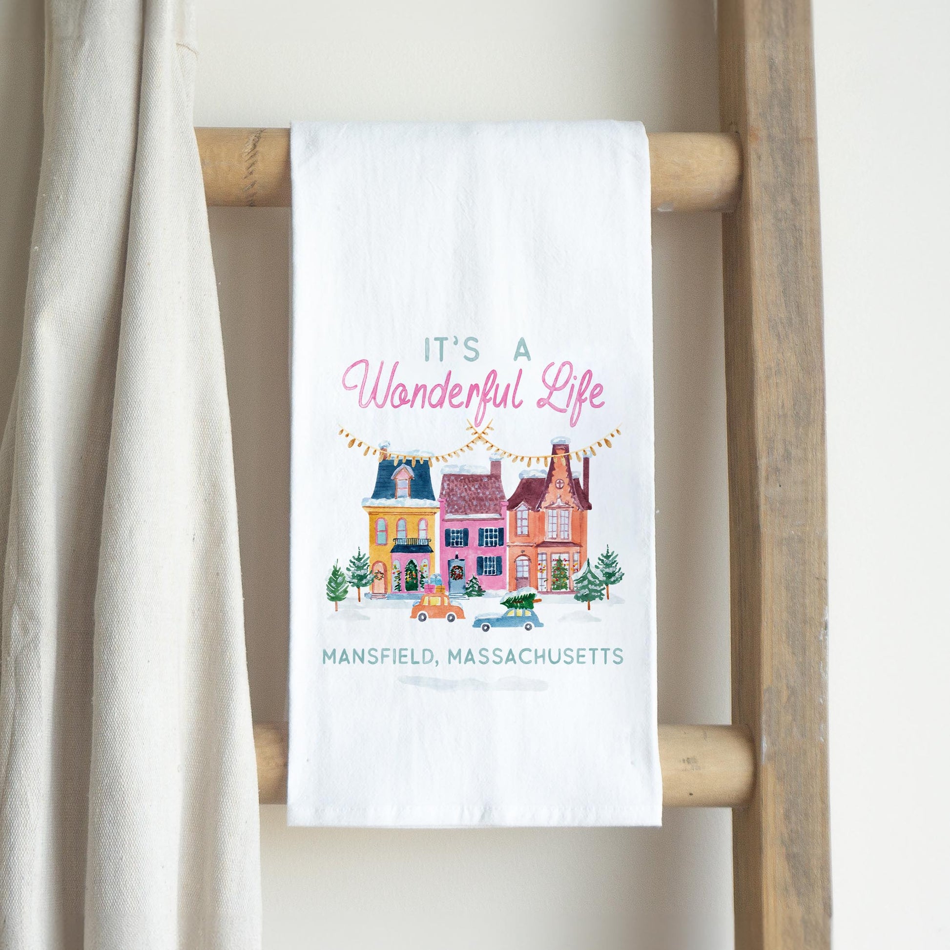 Cotton Tea Towel White-It's A Wonderful Life Mansfield Massachusetts -2