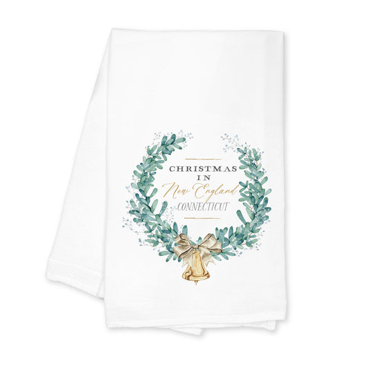 Cotton Tea Towel White-Classic City Christmas New England Connecticut -0