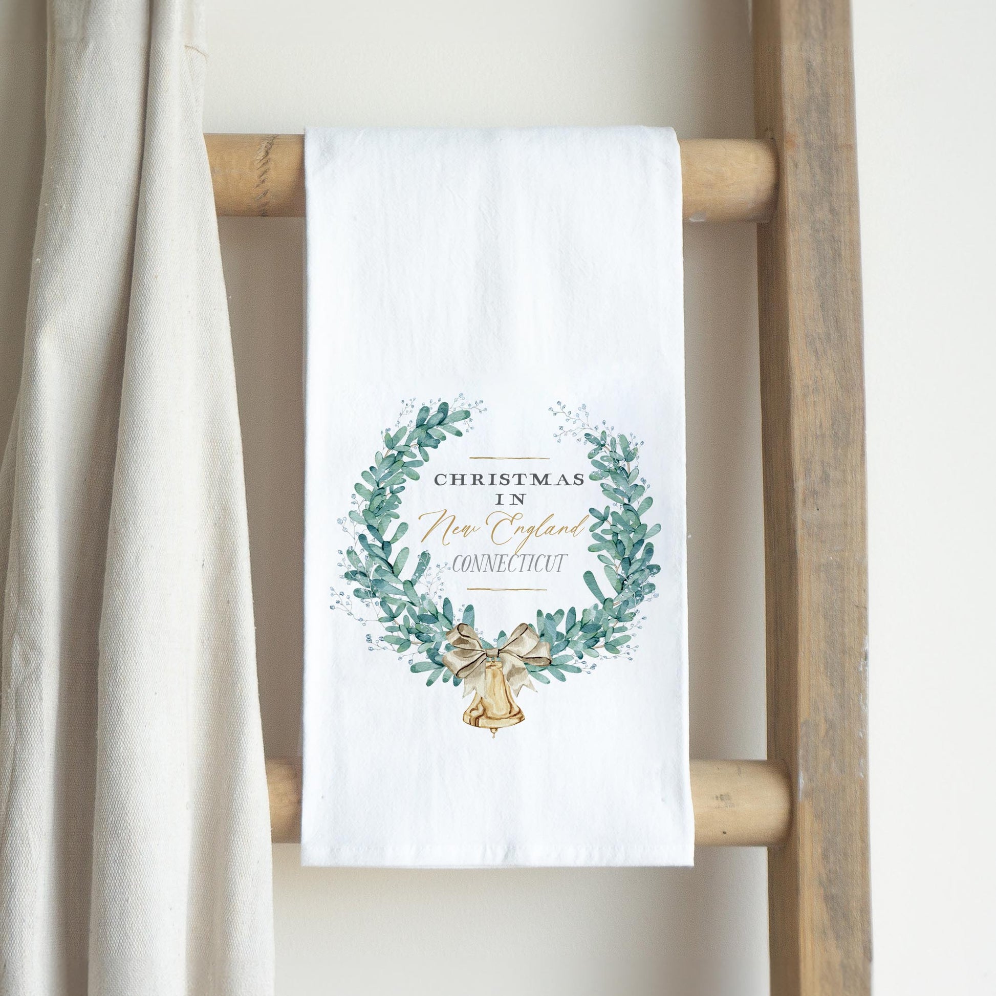 Cotton Tea Towel White-Classic City Christmas New England Connecticut -2