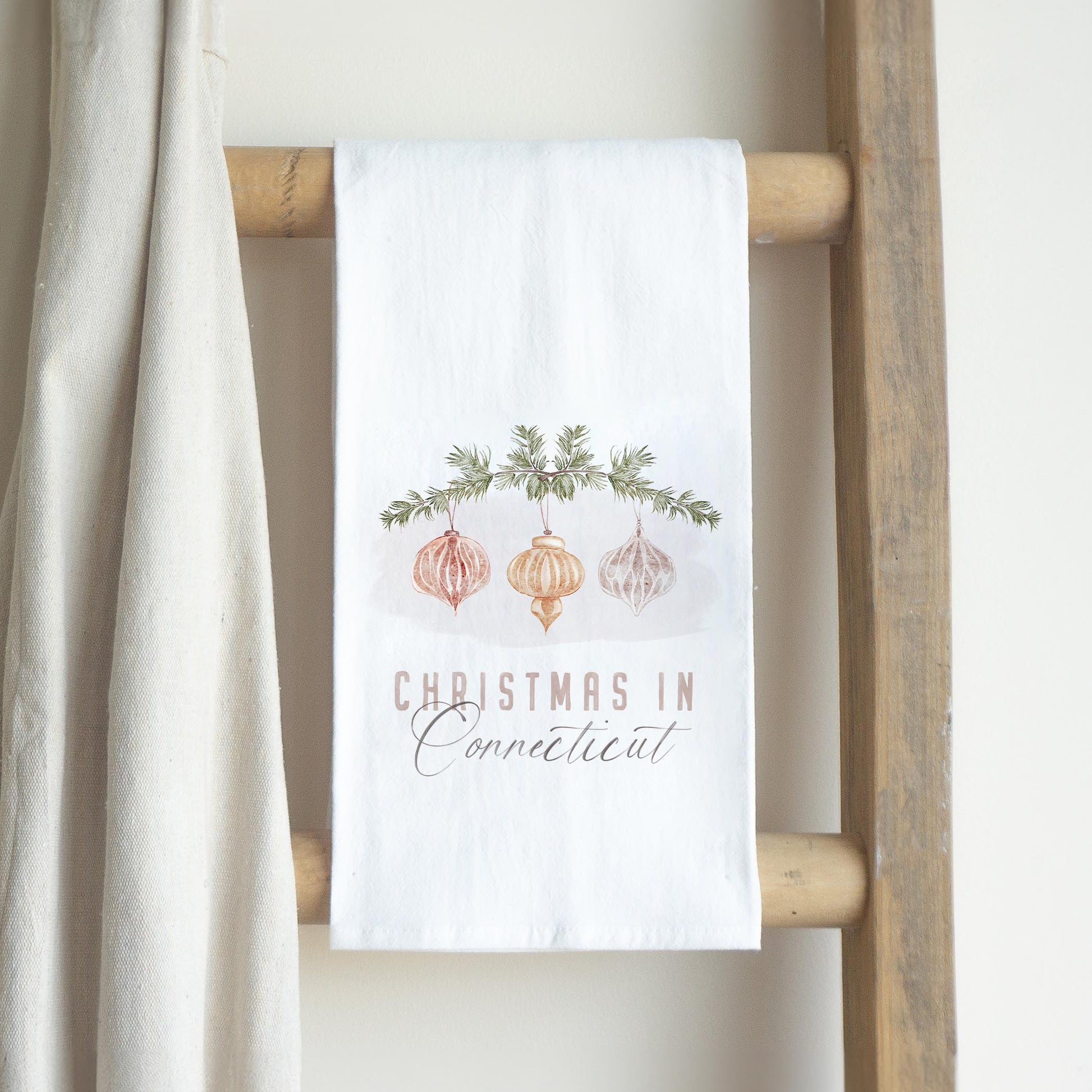 Cotton Tea Towel White-Ornaments Christmas in Connecticut -2