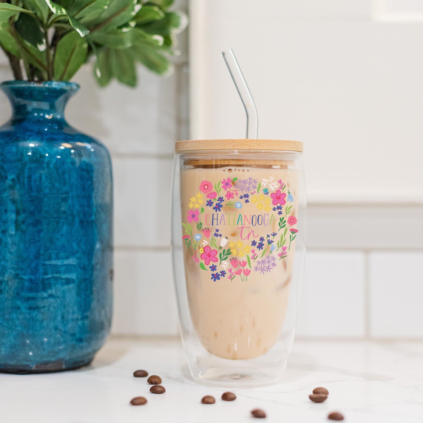 16oz Double Insulated Glass Tumbler-Flower Confetti City & State -4