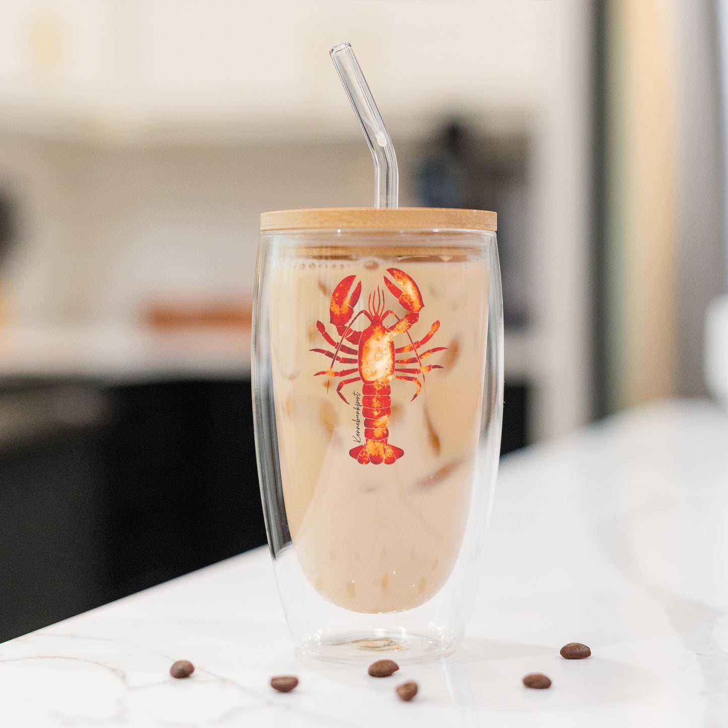 16oz Double Insulated Glass Tumbler-Kennebunkport Maine Orange Lobster