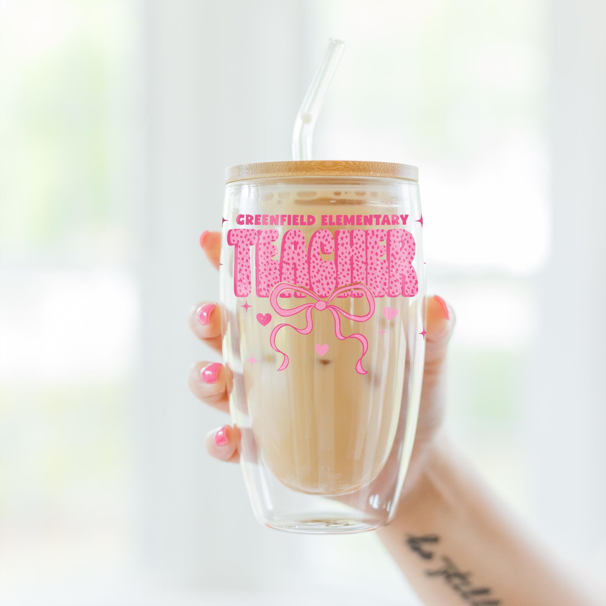 16oz Double Insulated Glass Tumbler-Love+Local Classroom Coquette Teacher Bow -3