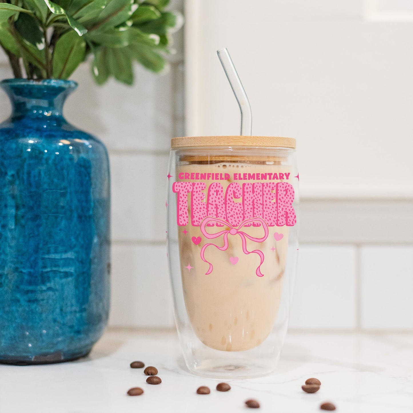 16oz Double Insulated Glass Tumbler-Love+Local Classroom Coquette Teacher Bow -4