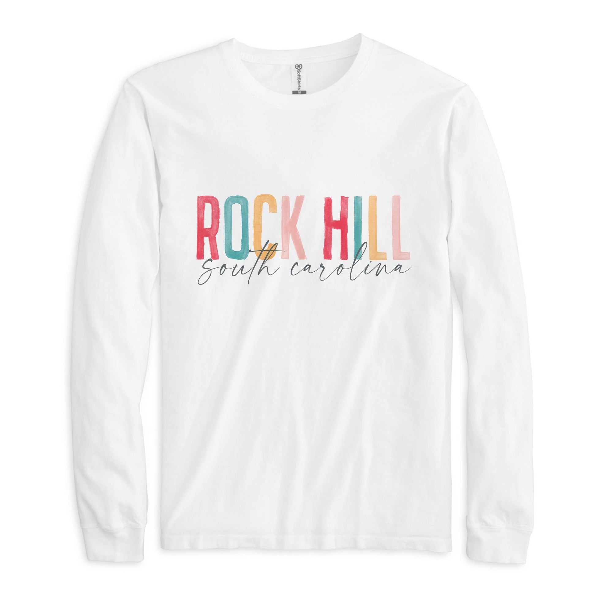Long Sleeve T-Shirt White-Watercolor City Rock Hill South Carolina -0