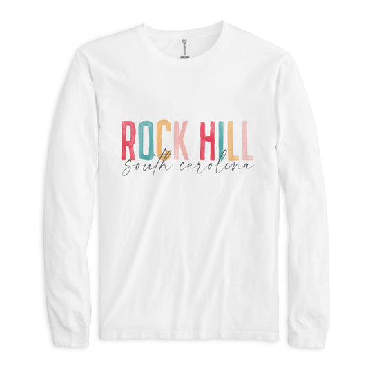 Long Sleeve T-Shirt White-Watercolor City Rock Hill South Carolina -0