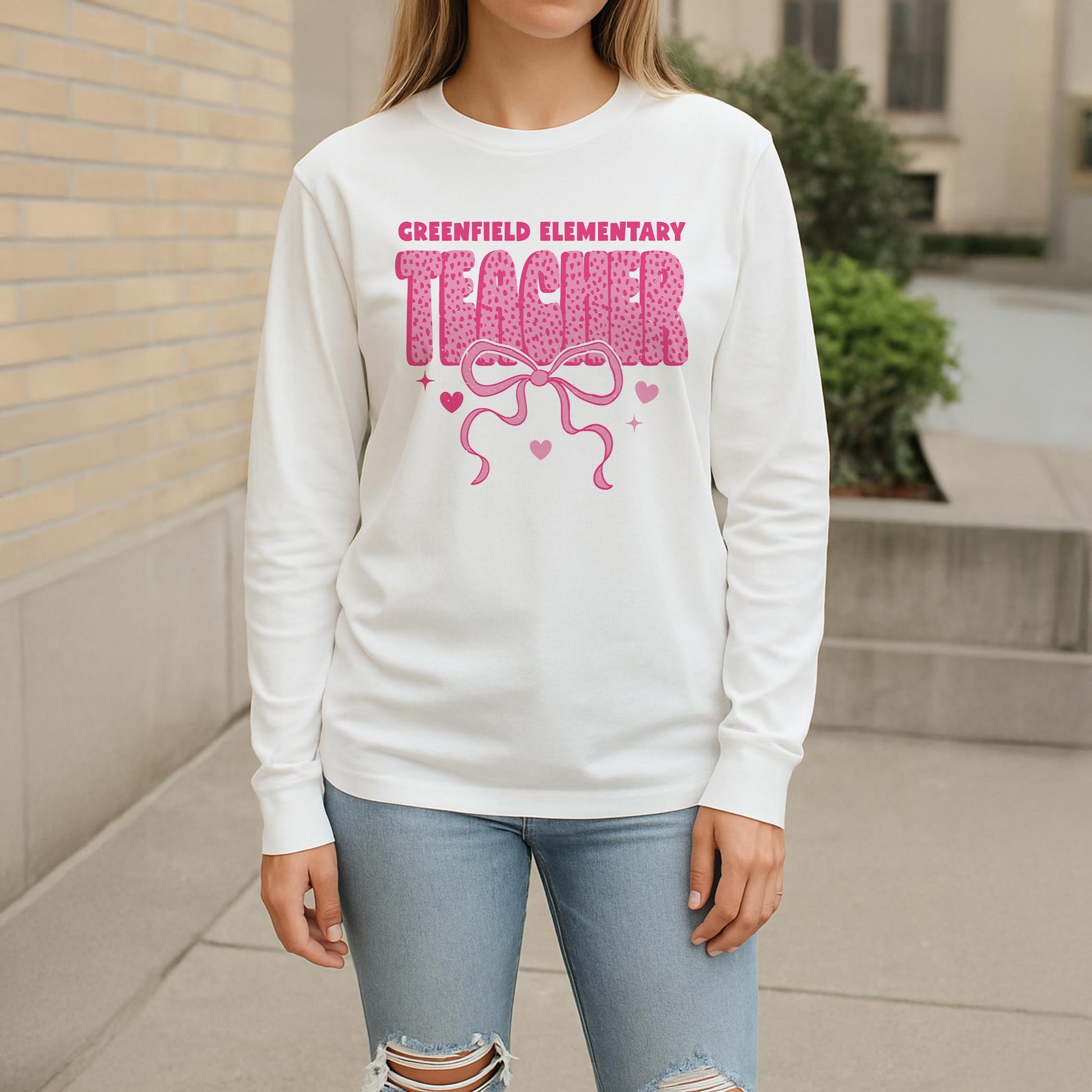Long Sleeve T-Shirt White-Love+Local Classroom Coquette Teacher Bow -2