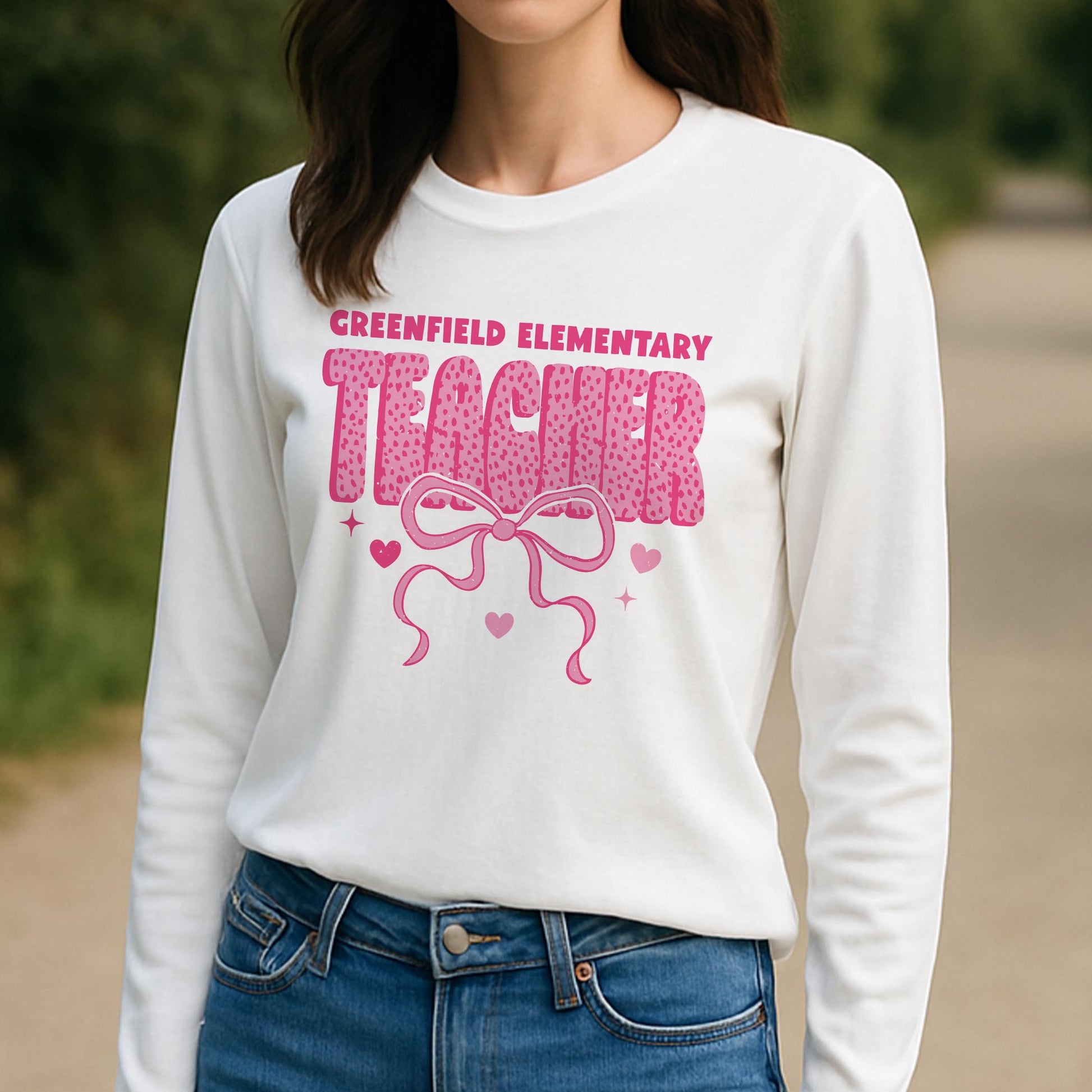 Long Sleeve T-Shirt White-Love+Local Classroom Coquette Teacher Bow -3