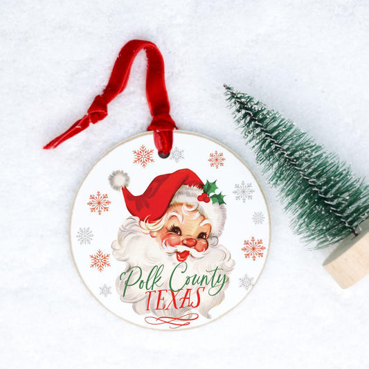 4" Round Ornament Red Ribbon-Classic Santa Polk County Texas -0