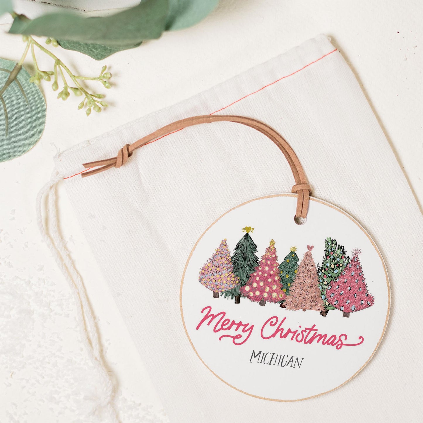 4" Round Ornament-Pink Trees Michigan