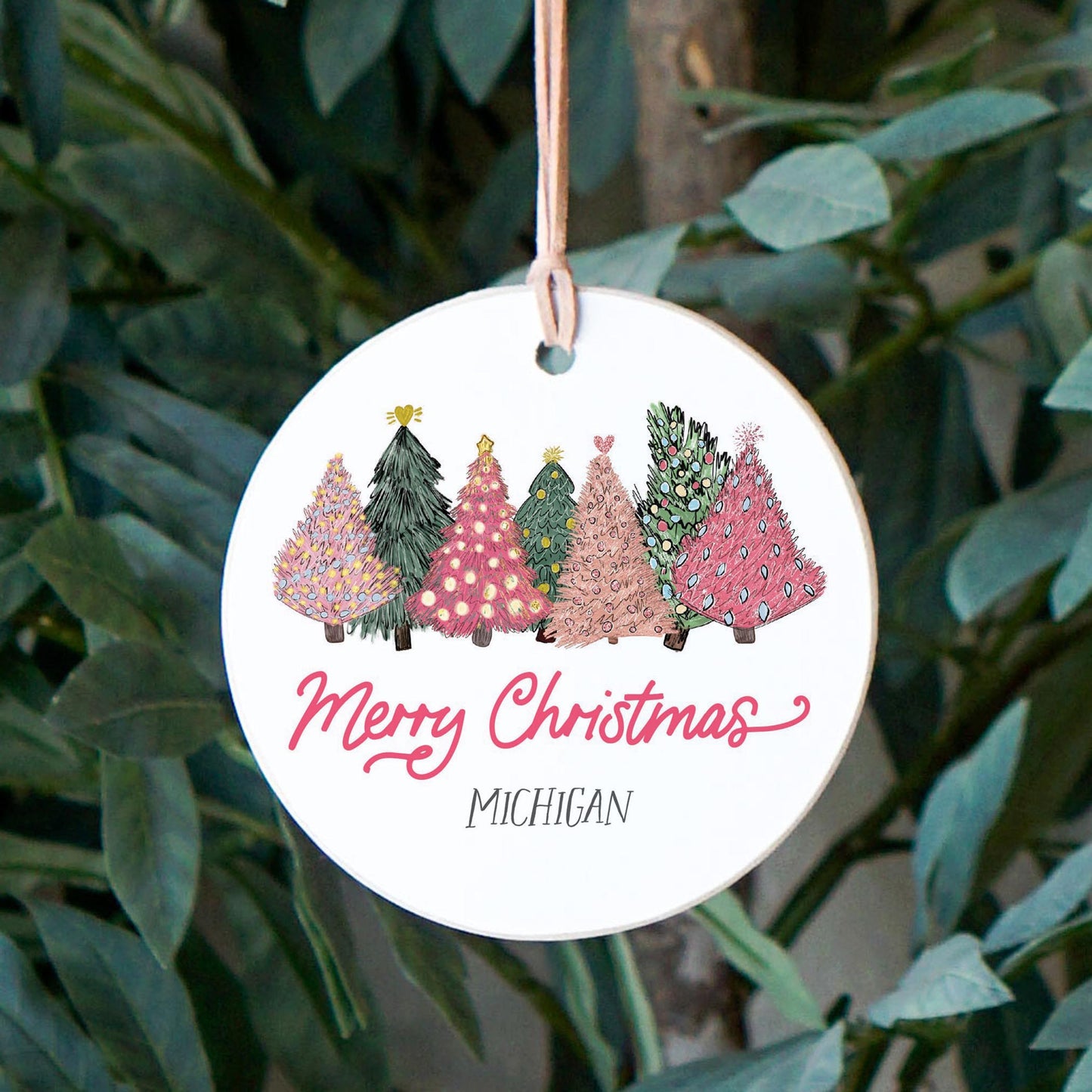 4" Round Ornament-Pink Trees Michigan