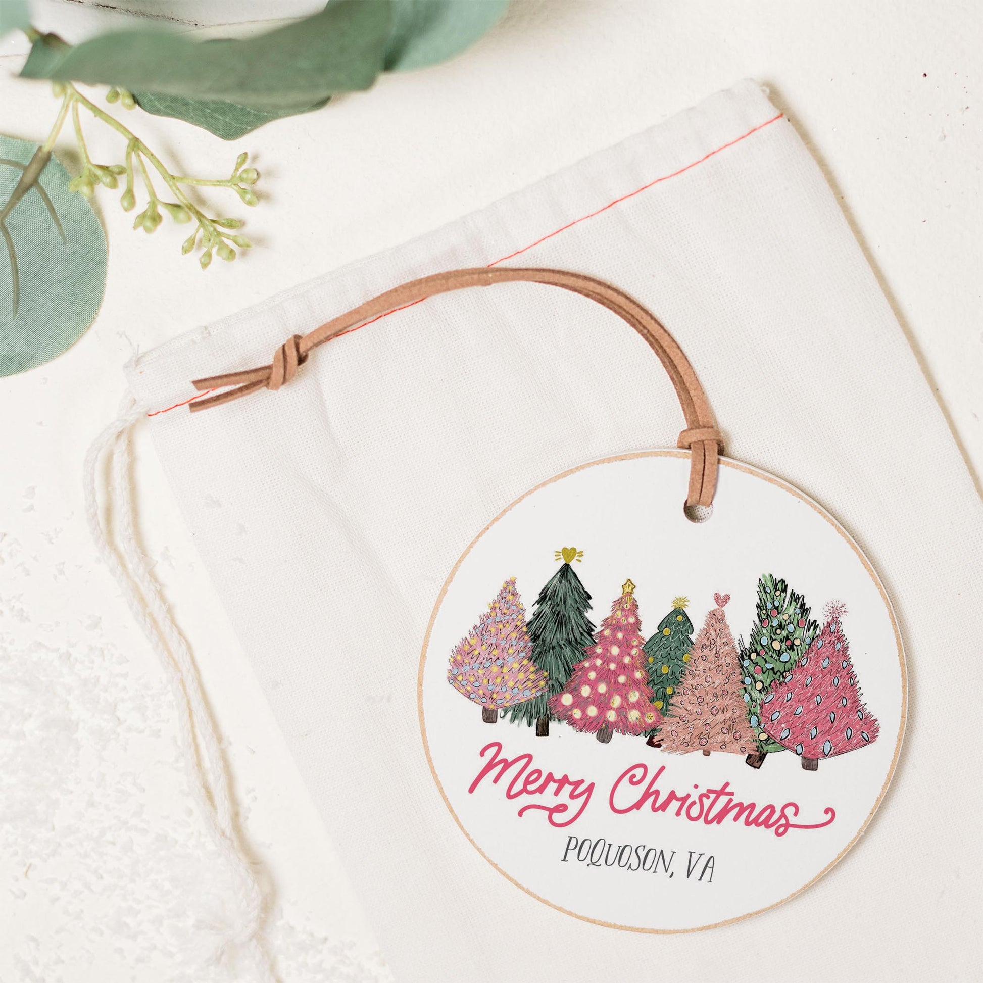 4" Round Ornament-Pink Trees Poquoson Virginia -1