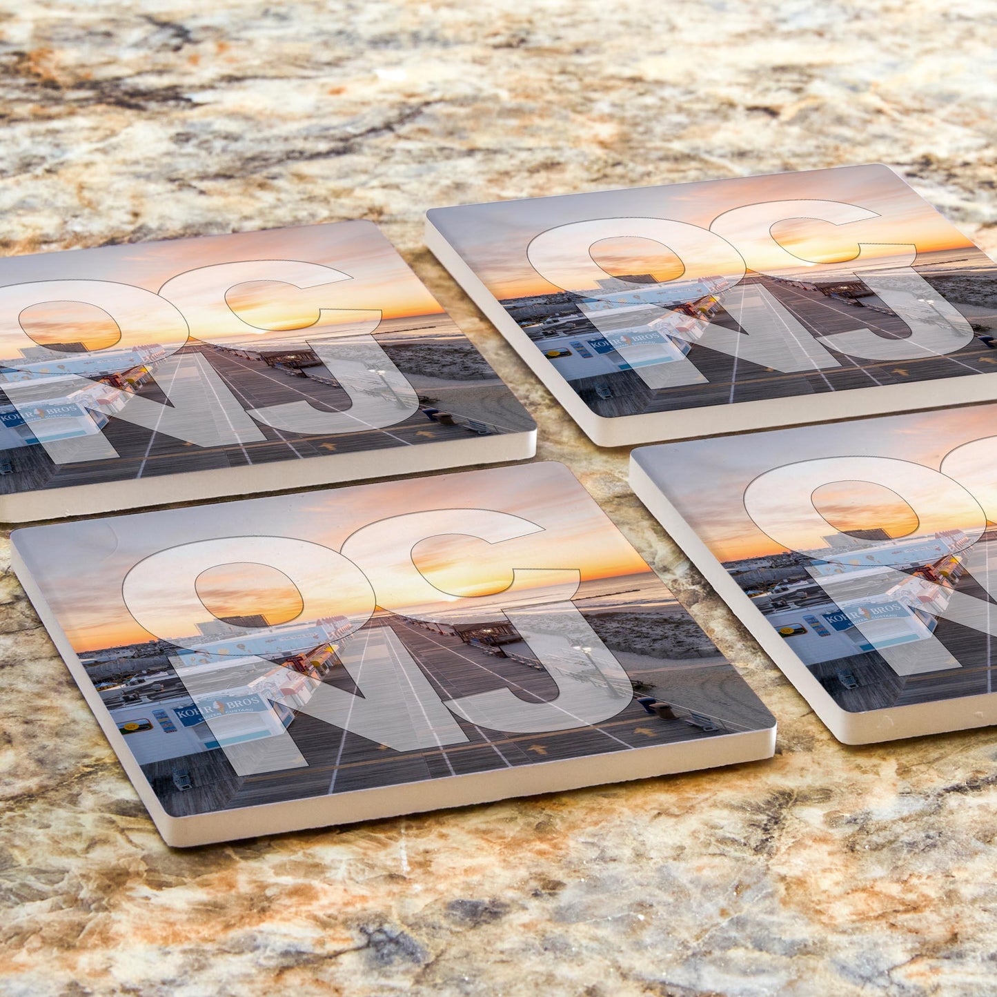 Ceramic Square Coaster 4-Set-OCNJ Boardwalk Sunrise