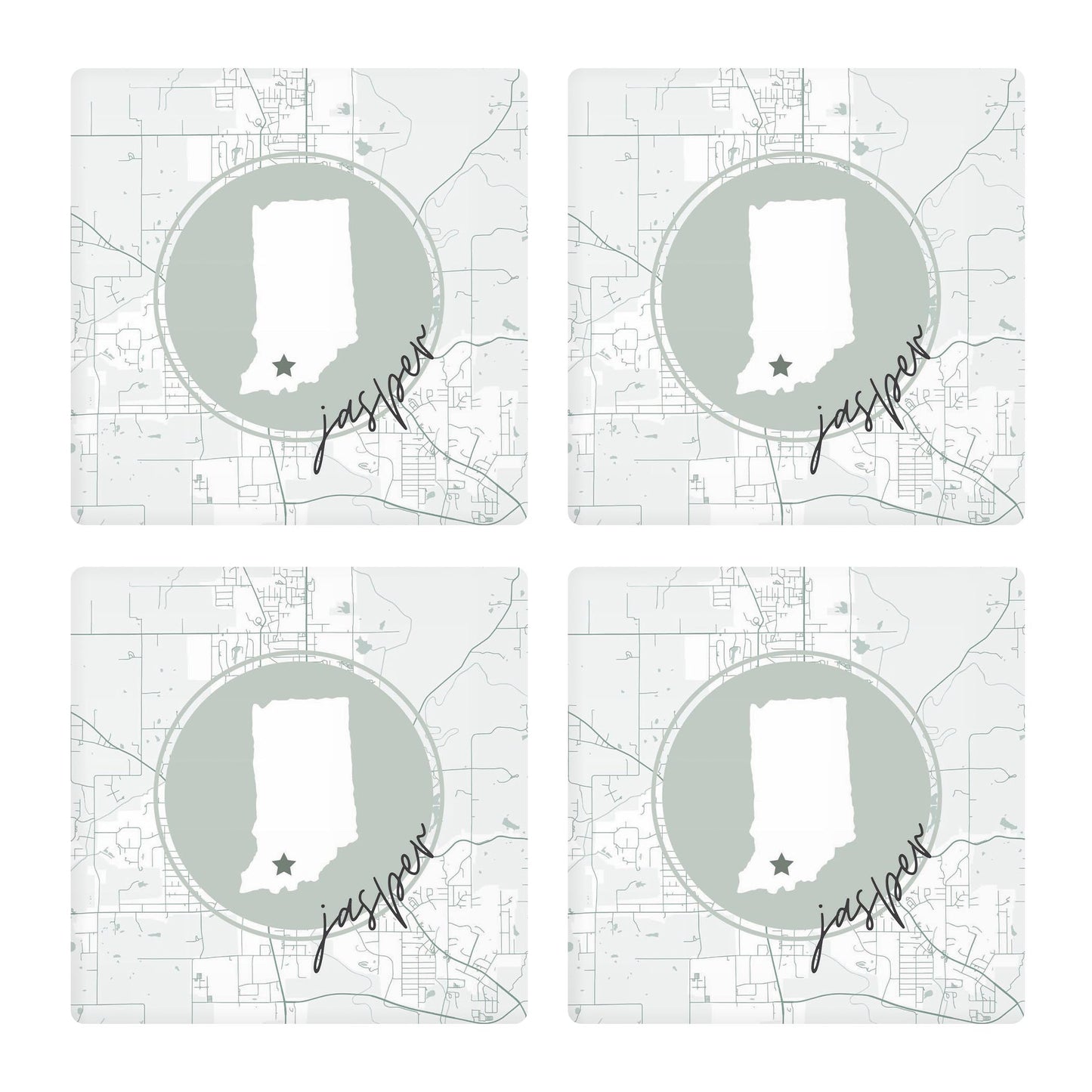 Ceramic Square Coaster 4-Set-Vintage Groove Jasper Indiana Map & State -0