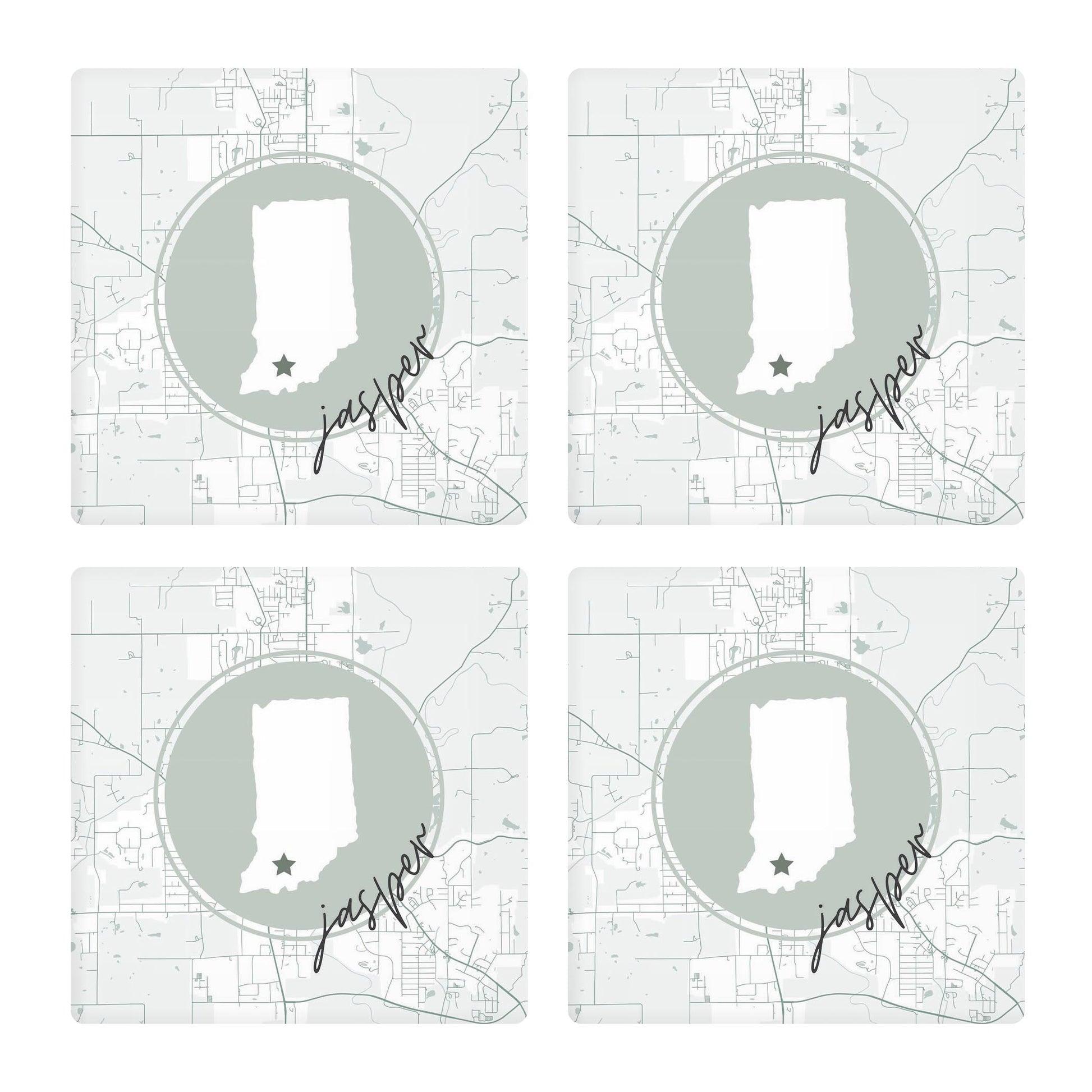 Ceramic Square Coaster 4-Set-Vintage Groove Jasper Indiana Map & State -0