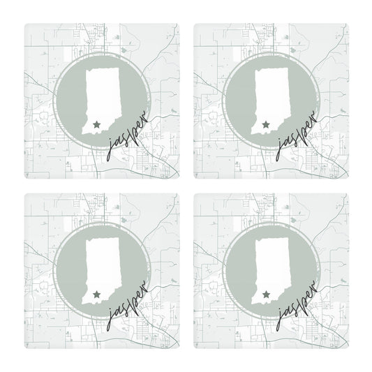 Ceramic Square Coaster 4-Set-Vintage Groove Jasper Indiana Map & State -0
