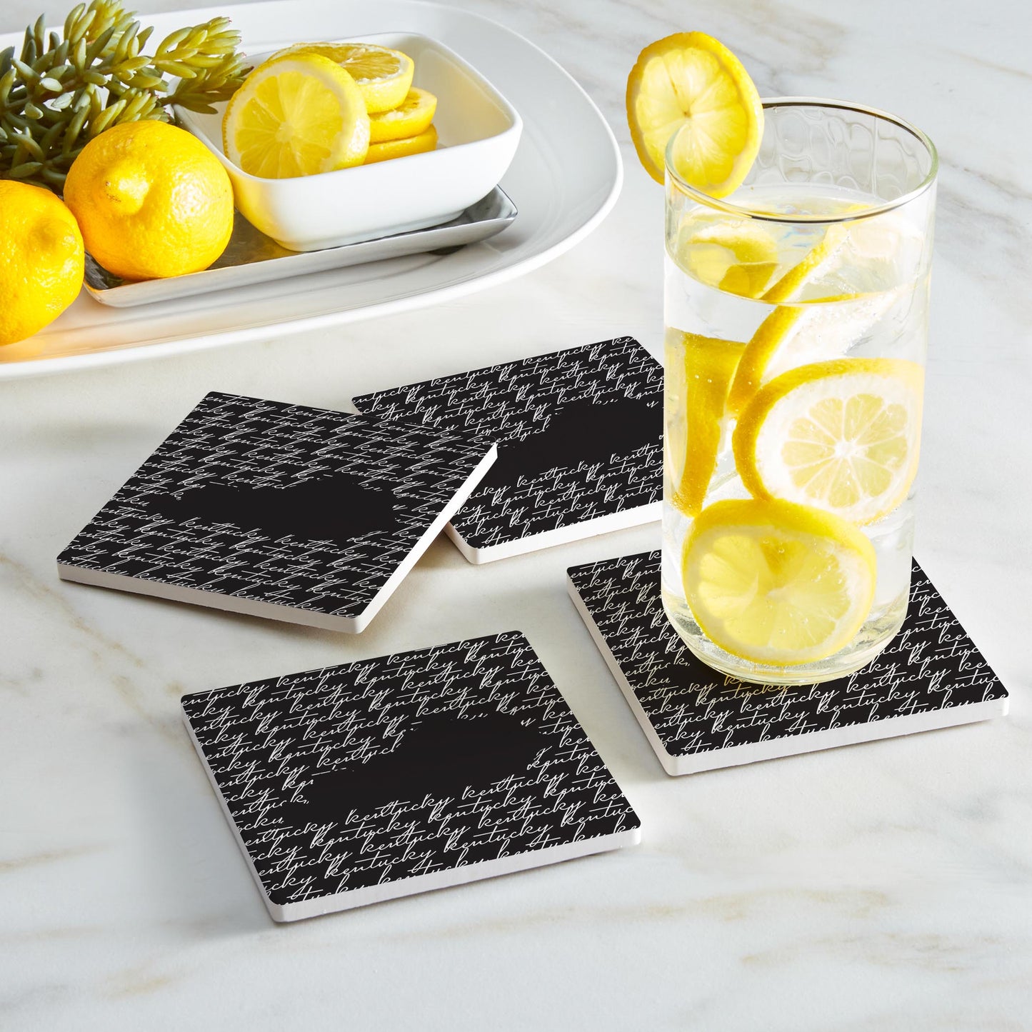 Ceramic Square Coaster 4-Set-Kentucky State Cursive Silhouette -1